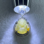 Type A Natural Semi Icy Yellow Jadeite Milo Buddha S925  Silver with Cubic Zirconia Pendant 5.28g 17.1 by 16.5 by 5.0mm - Huangs Jadeite and Jewelry Pte Ltd