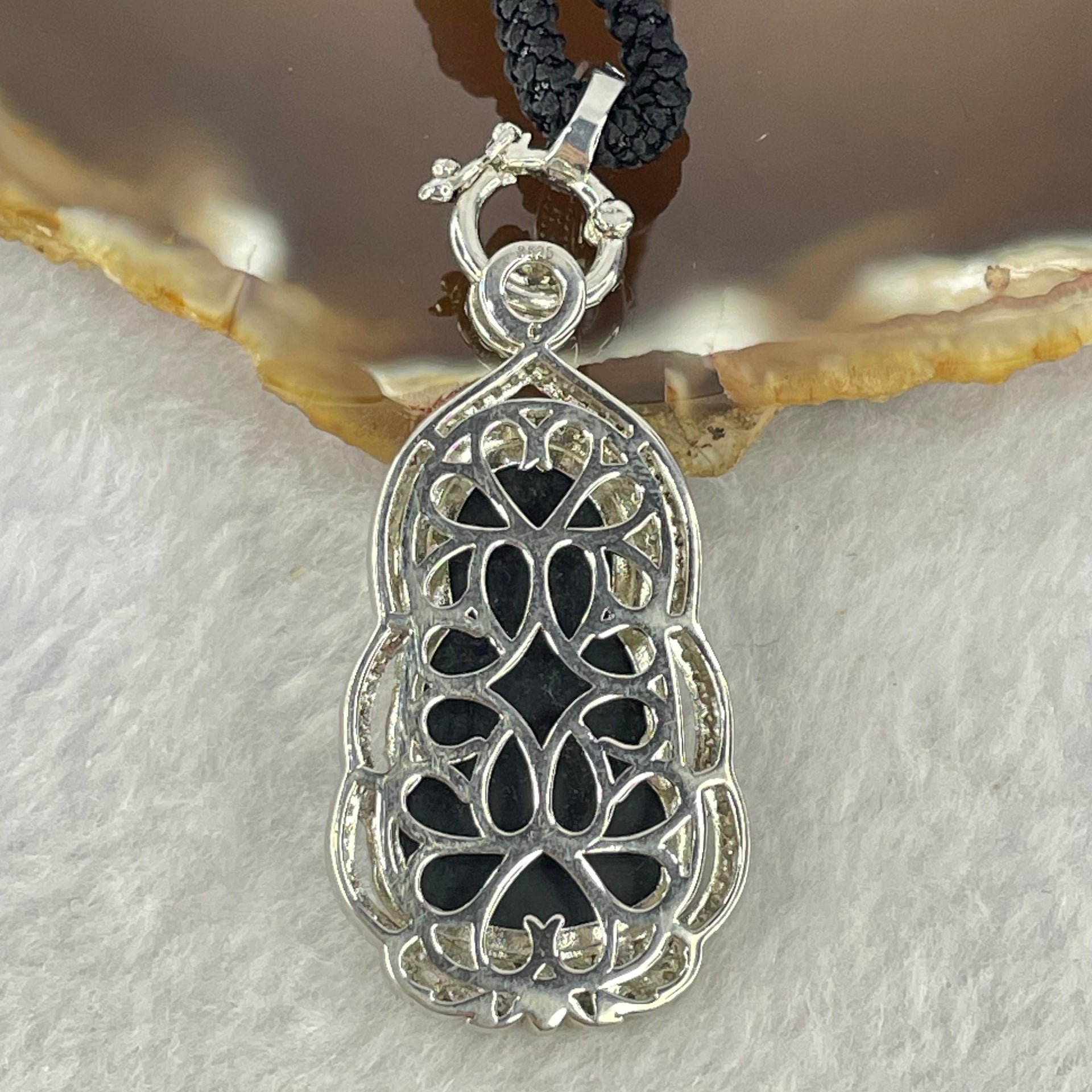 Type A Translucent Black Omphasite Jadeite Guan Yin 24.8 by 15.3 by 1.8mm Pendant in S925 Sliver Pendant 11.89g - Huangs Jadeite and Jewelry Pte Ltd