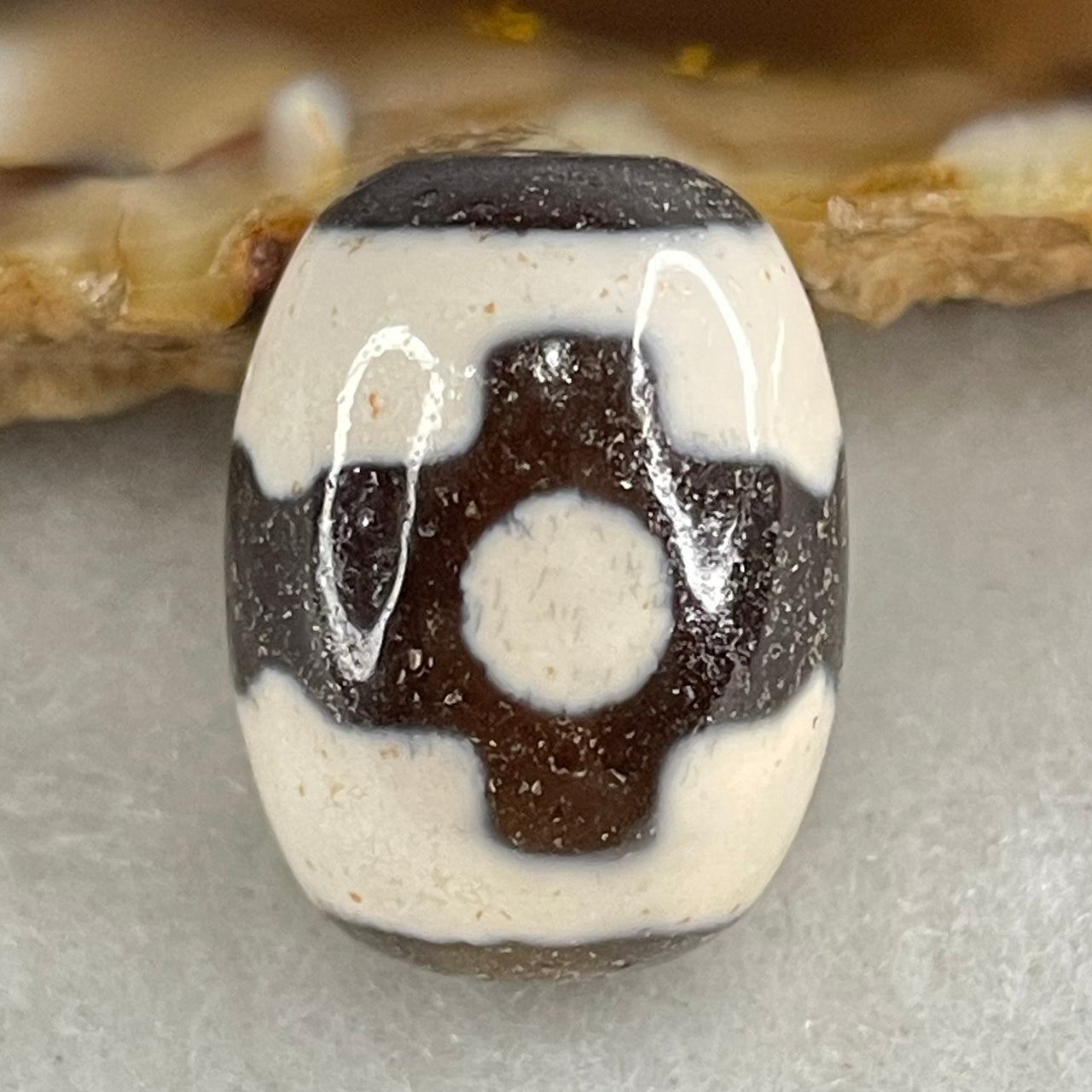 Natural Powerful Tibetan Old Oily Dark Brown With White Agate 3 Eyes Dzi Bead Heavenly Master (Tian Zhu) 三眼天诛 5.05g 17.8 by 13.5mm - Huangs Jadeite and Jewelry Pte Ltd