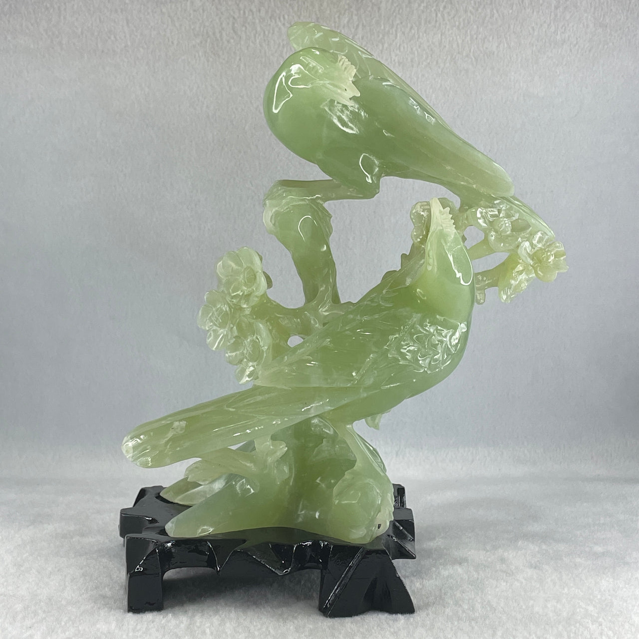 Natural Light Green Serpentine Javan Mynah Twin Birds on Flower Tree with Wooden Stand Display 1,043.4g 115.0 by 125.0 by 210.0mm