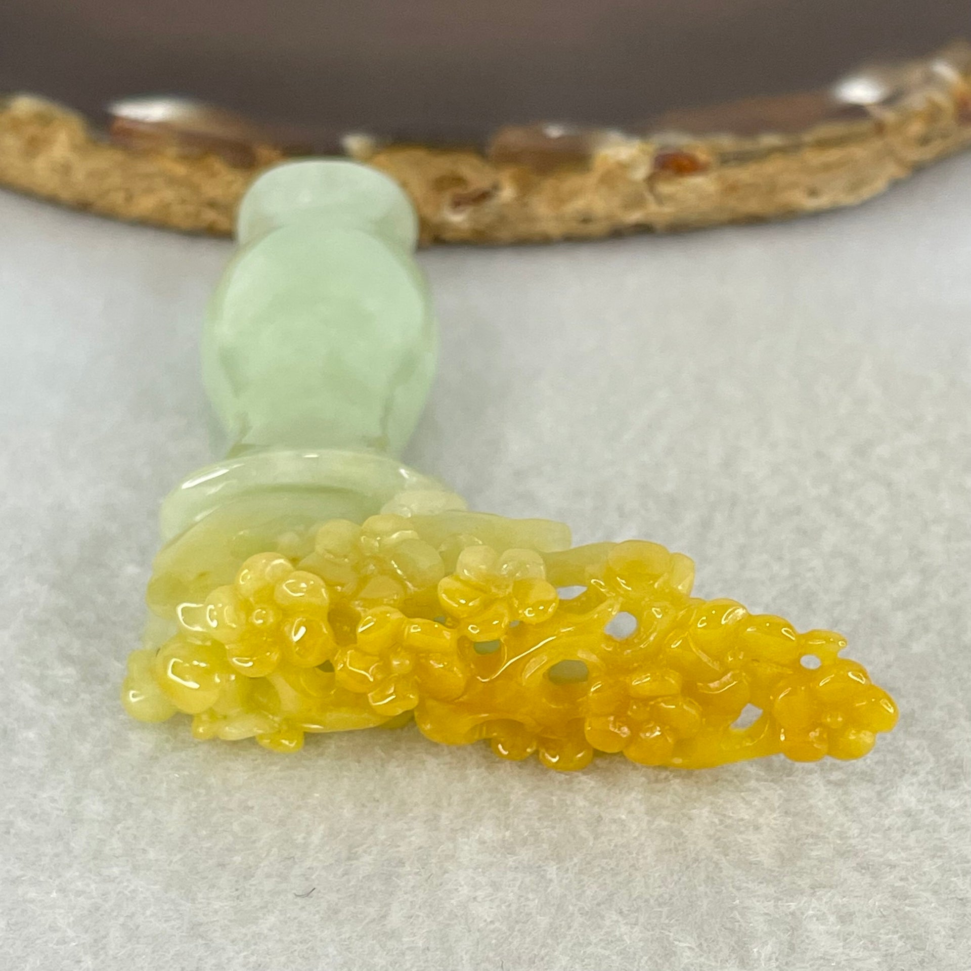 Type A Light Green with Yellow Jadeite Vase with Prosperity Flowers Pendant / Display 28.78g 59.0 by 49.7 by 14.1mm with Wooden Stand - Huangs Jadeite and Jewelry Pte Ltd