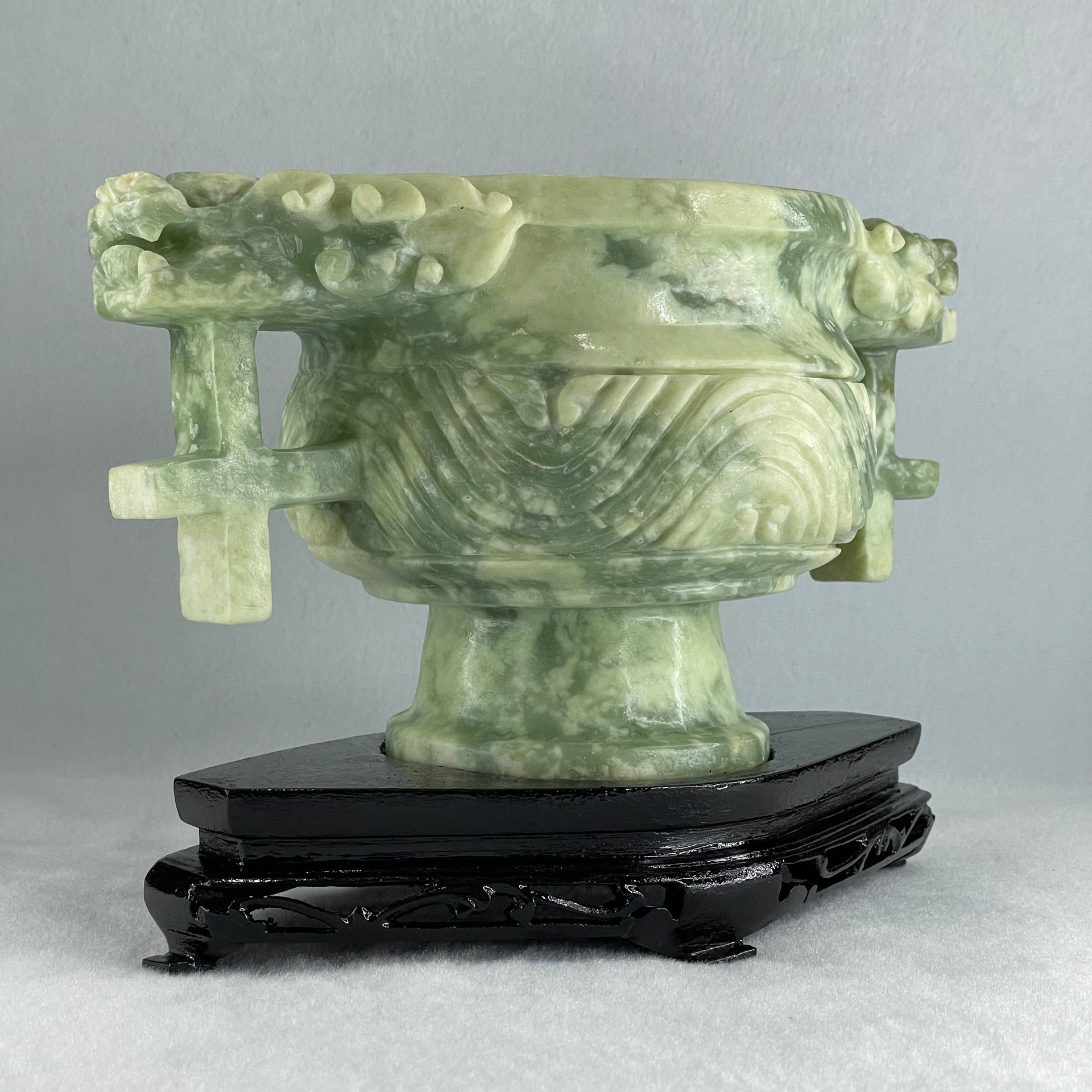 Natural Green with White Piao Hua Serpentine Double Dragon Head on Wealth Pot with Wooden Stand Display 2,463.9g 231.0 by 127.0 by 156.0mm - Huangs Jadeite and Jewelry Pte Ltd
