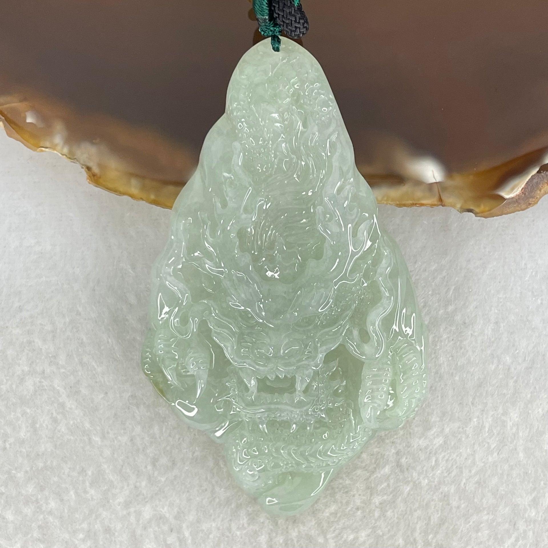 Type A Light Green with Yellow Patch Jadeite Double Sided Dragon Pendant 45.14g 72.2 by 42.7 by 11.4mm - Huangs Jadeite and Jewelry Pte Ltd