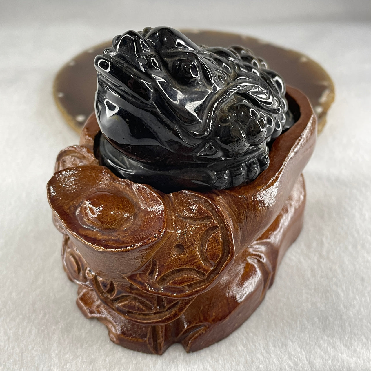 Natural Yellow Tiger's Eye Quartz 3 Legged Toad with Ancient Coin with Wooden Stand Display 412.4g 108.5 by 83.0 by 94.5mm - Huangs Jadeite and Jewelry Pte Ltd