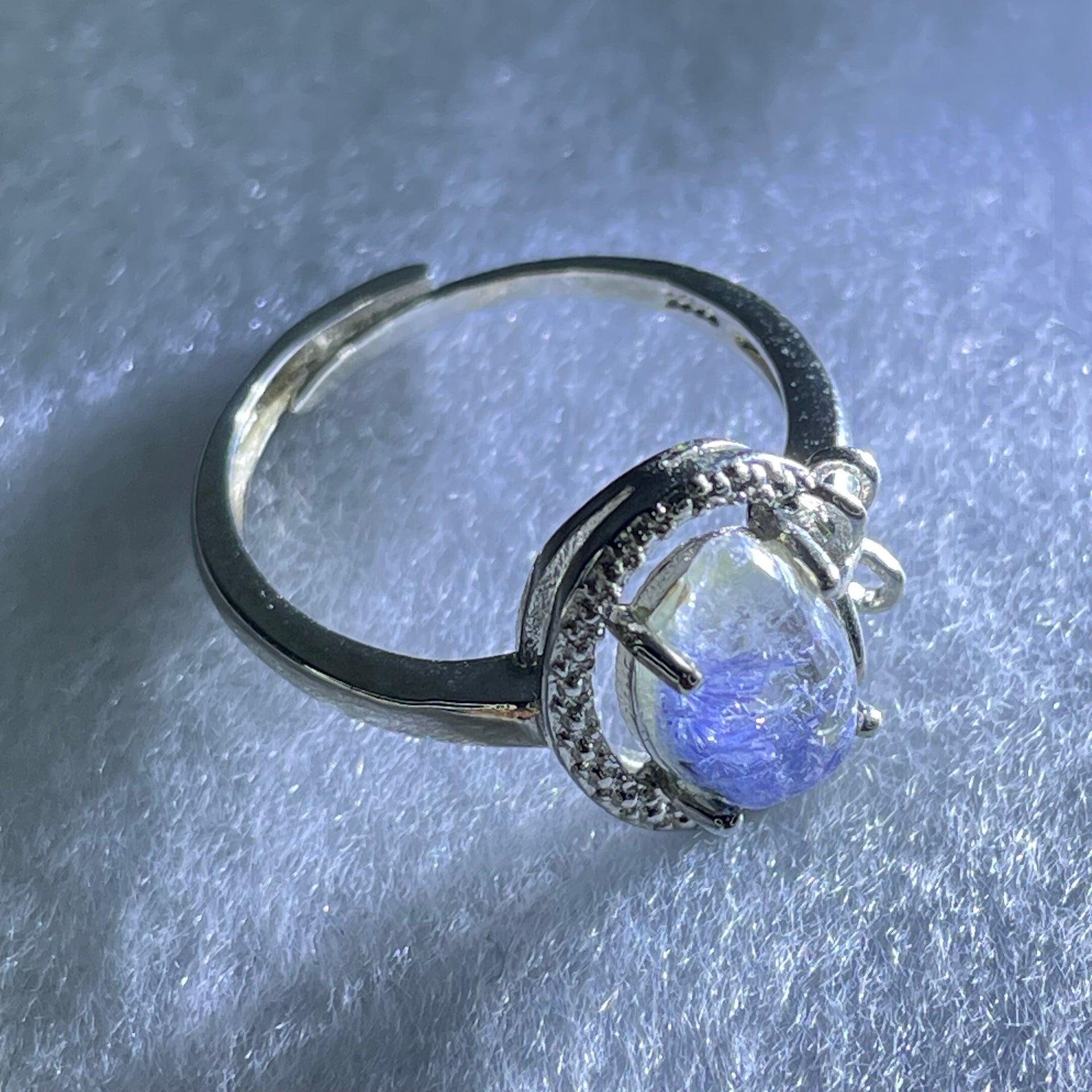 Rare Good Grade Natural Blue Dumortierite Rutilated Quartz in S925 Sliver Ring (Adjustable Size) 2.23g 9.8 by 6.7 by 3.6mm - Huangs Jadeite and Jewelry Pte Ltd