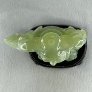 Natural Green Serpentine Stand Laughing Milo Buddha with Wealth Pot with Wooden Stand Display 1,599.3g 140.0 by 90.0 by 270.0mm - Huangs Jadeite and Jewelry Pte Ltd