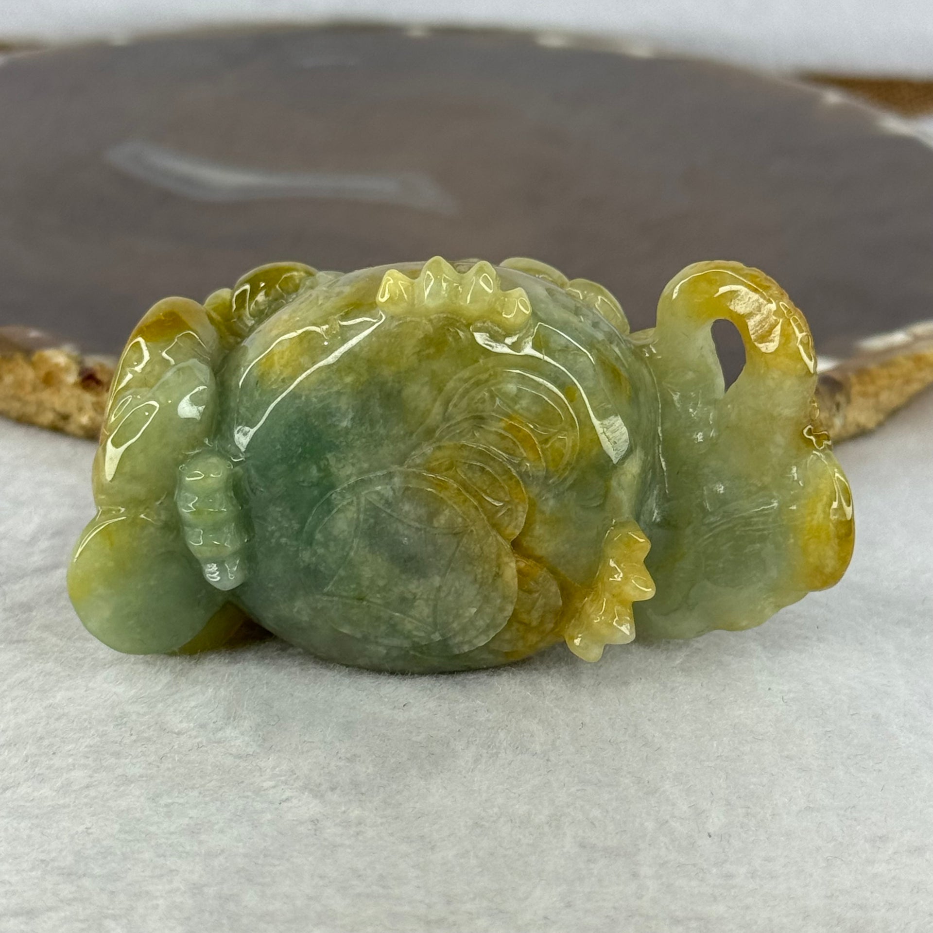 Grand Master Type A Blueish Green with Brownish Yellow Jadeite Dragon on Wealth Pot with Treasures 133.13g 36.0 by 69.3 by 39.5mm - Huangs Jadeite and Jewelry Pte Ltd