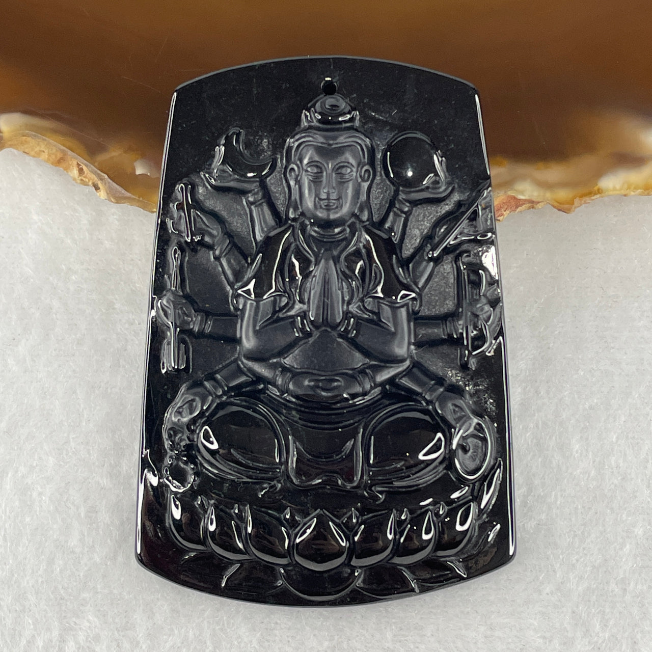 Certified Type A Opaque Black Omphacite Jadeite Thousand-Hand Guan Yin Pendant | 58.5mm Natural Black Jade Infinite Compassion & Protection Amulet (24.22g | 58.5 x 40.5 x 8.5mm)
