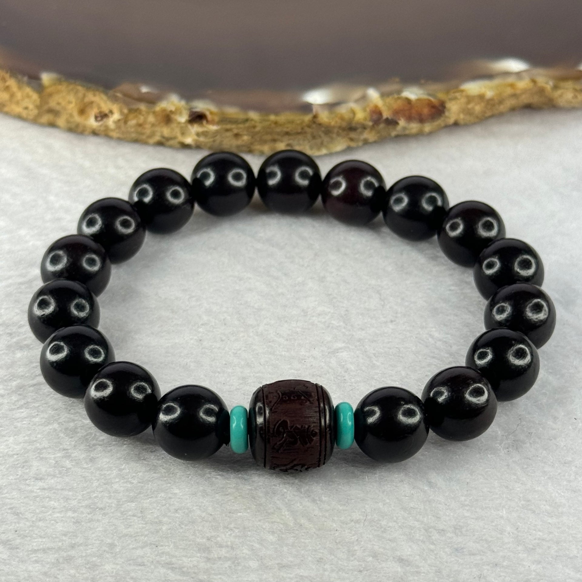 Natural India Zitan 天然小叶字檀木 Om Ma ni Padme Hum 六字真言 Beads Bracelet with Turquoise (Sinking Type) 11.30g 15.5cm 10.0mm 17 Beads, 12.0 by 11.3mm 1 Bead - Huangs Jadeite and Jewelry Pte Ltd
