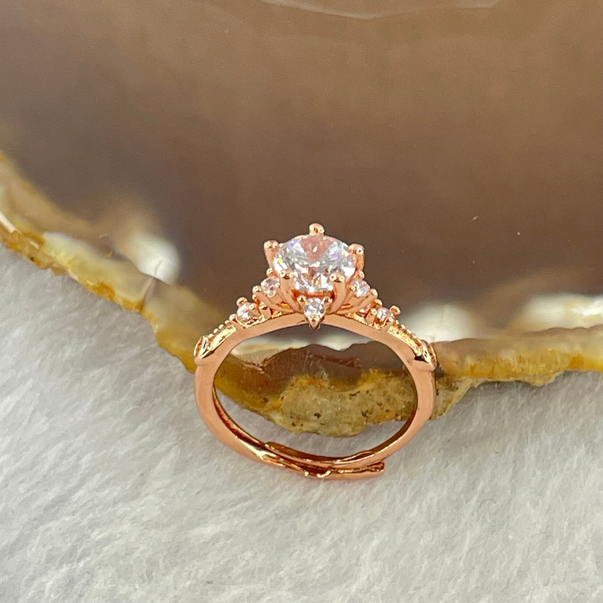 Colourless Cubic Zirconia with Crystals In PT950 Plated Sliver Rose Gold Color Ring (Adjustable Size) 2.41g 7.1 by 4.2mm - Huangs Jadeite and Jewelry Pte Ltd