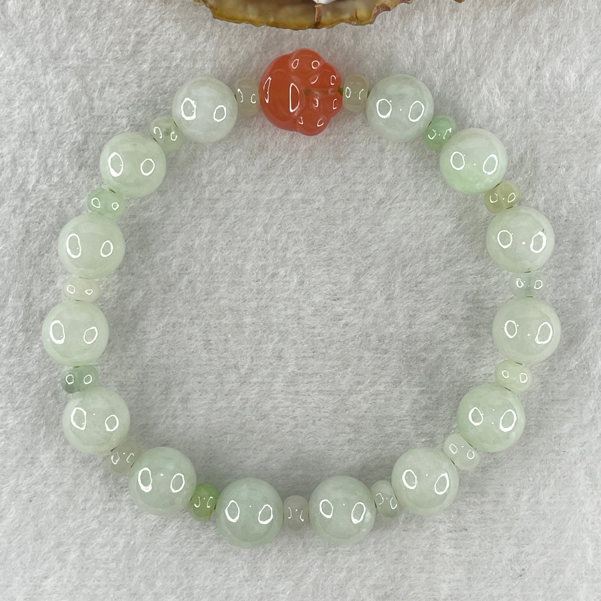 Natural Type A Light Green Jadeite Round Shape Beads with Red Agate Paw Charm Bracelet 29.33g 17cm 10.0mm 14 Beads - Huangs Jadeite and Jewelry Pte Ltd