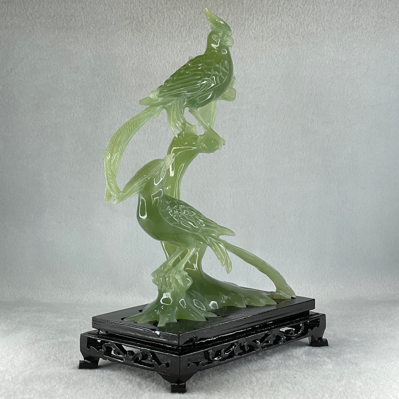 Natural Green Serpentine Double Phoenix on Tree with Wooden Stand Display 561.4g 165.0 by 246.0 by 102.0mm - Huangs Jadeite and Jewelry Pte Ltd