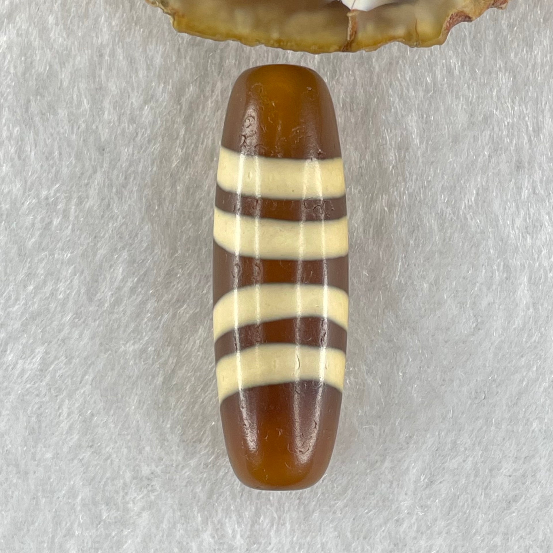Natural Powerful Tibetan Old Oily Yellowish Brown with Yellowish White Agate 4 Lines Bead Heavenly Master (Tian Zhu) 9.39g 38.7 by 12.5mm - Huangs Jadeite and Jewelry Pte Ltd