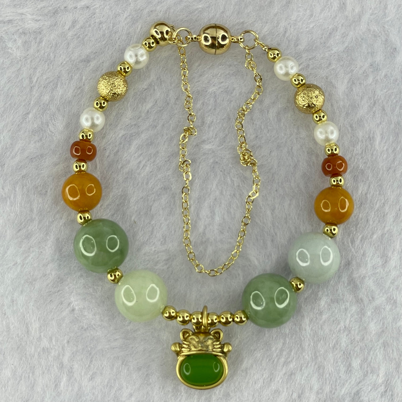 Type A Mixed Color Jadeite Beads with Fortune Cat Charm Gold Color Bracelet 14.04g 10.5mm 4 Beads - Huangs Jadeite and Jewelry Pte Ltd