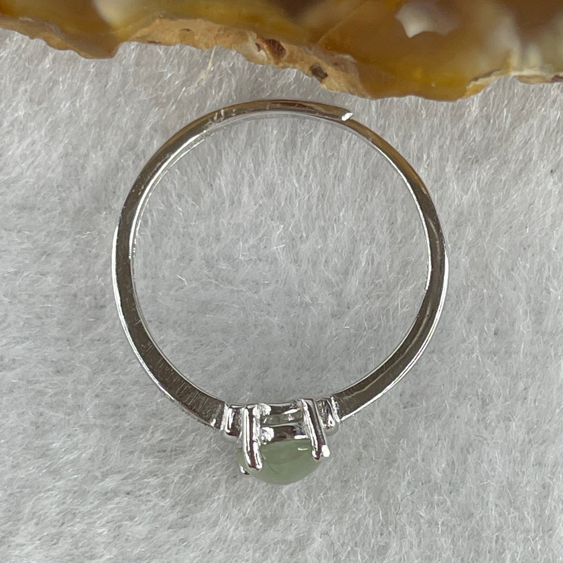 Natural Type A Semi Icy Faint Green Jadeite Oval Shape Cabouchon in S925 Silver Ring (Adjustable Size) 1.22g 7.2 by 5.0 by 2.0mm - Huangs Jadeite and Jewelry Pte Ltd