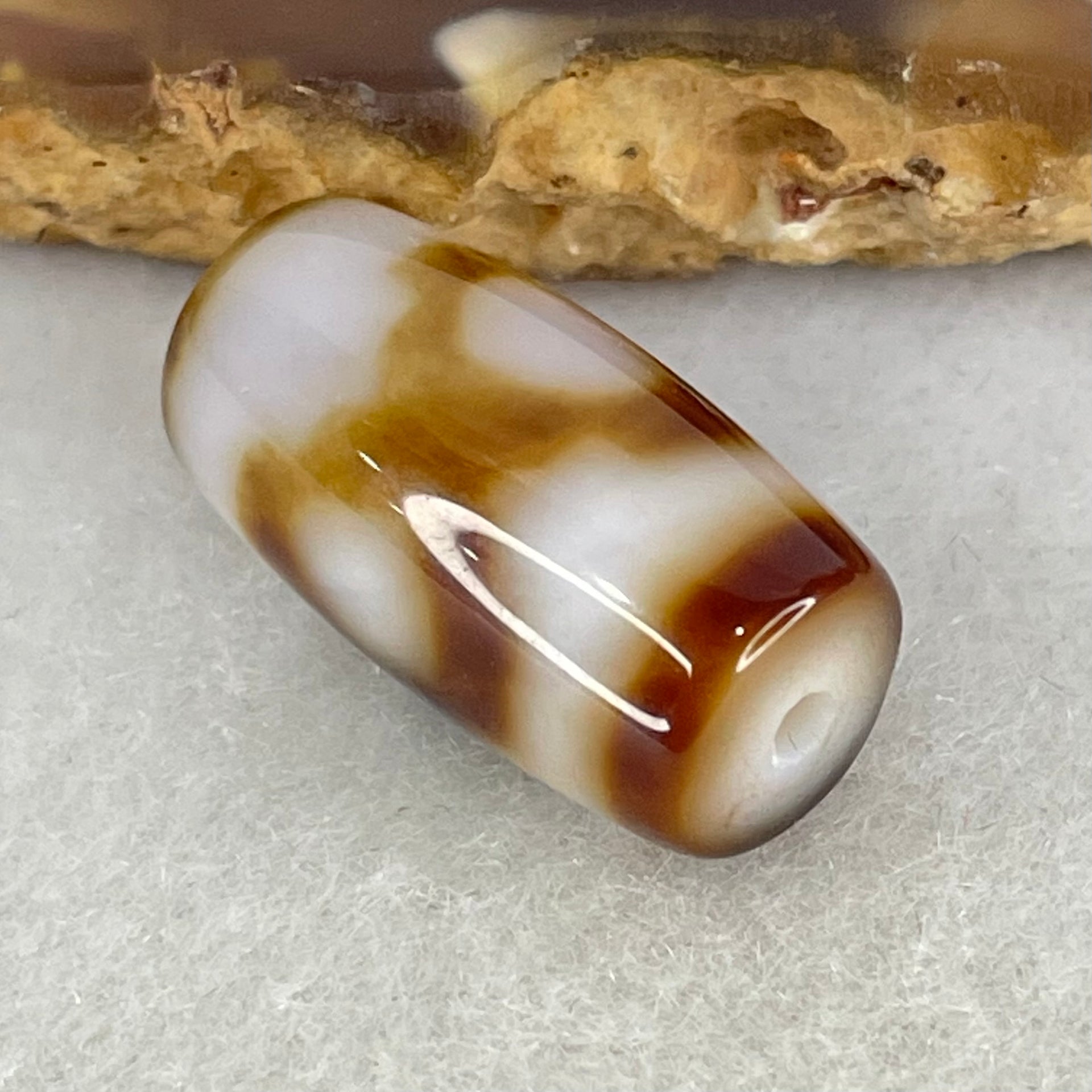 Natural Powerful Tibetan Old Oily White with Dark Brown Agate 3 Eyes Dzi Bead Heavenly Master (Tian Zhu) 三眼天诛 3.49g 19.6 by 10.3mm - Huangs Jadeite and Jewelry Pte Ltd
