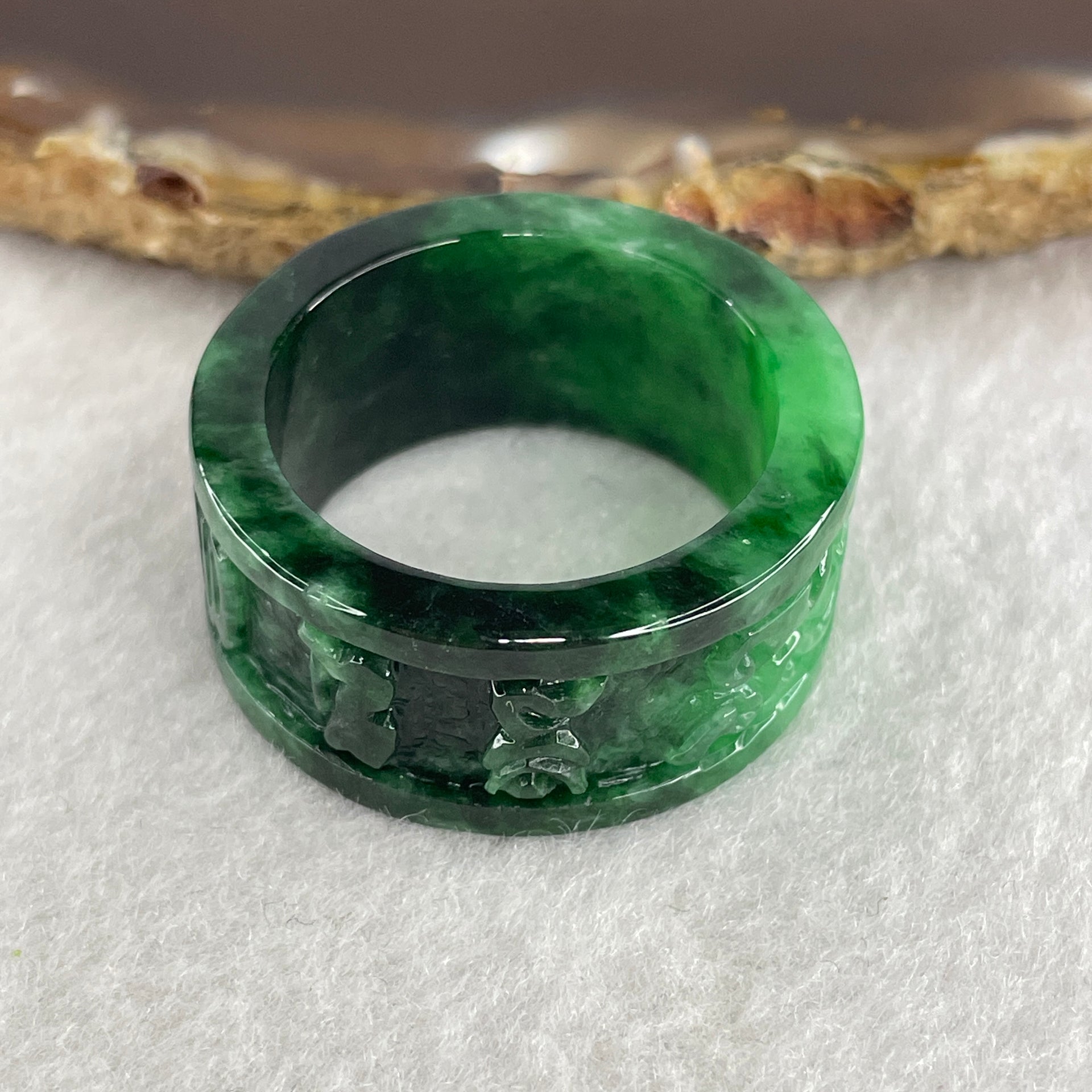 Certified Type A Burmese Old Mine Green Om Mani PadMe Hum Jade Jadeite Ring 11.31g US13.75 HK31 Inner Diameter 23.1mm - Huangs Jadeite and Jewelry Pte Ltd