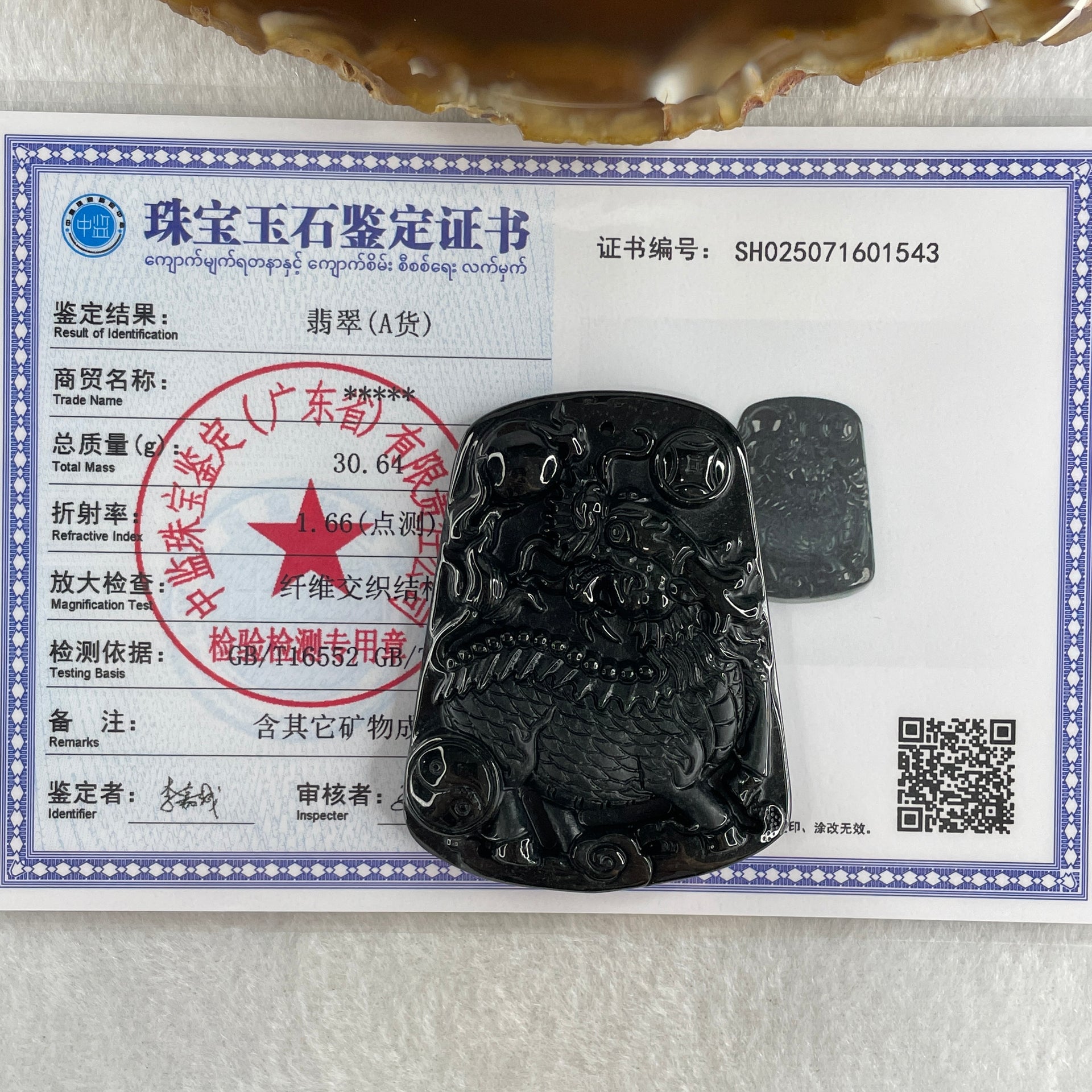 Type A Opaque to Partial Translucent Black Omphacite Jadeite Kirin Qilin Pendant 30.64g 55.7 by 43.5 by 8.5mm - Huangs Jadeite and Jewelry Pte Ltd