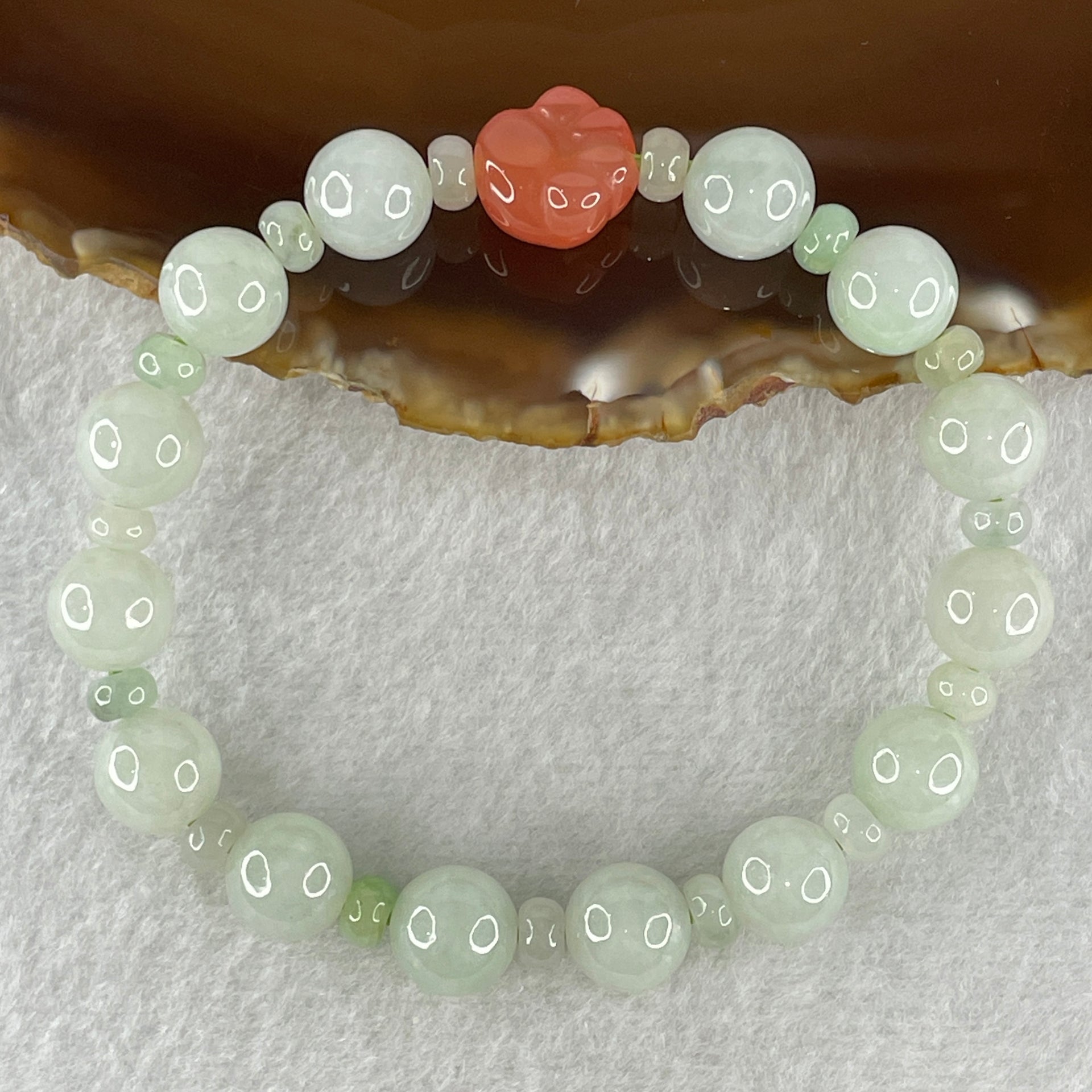 Natural Type A Light Green Jadeite Round Shape Beads with Red Agate Paw Charm Bracelet 29.33g 17cm 10.0mm 14 Beads - Huangs Jadeite and Jewelry Pte Ltd