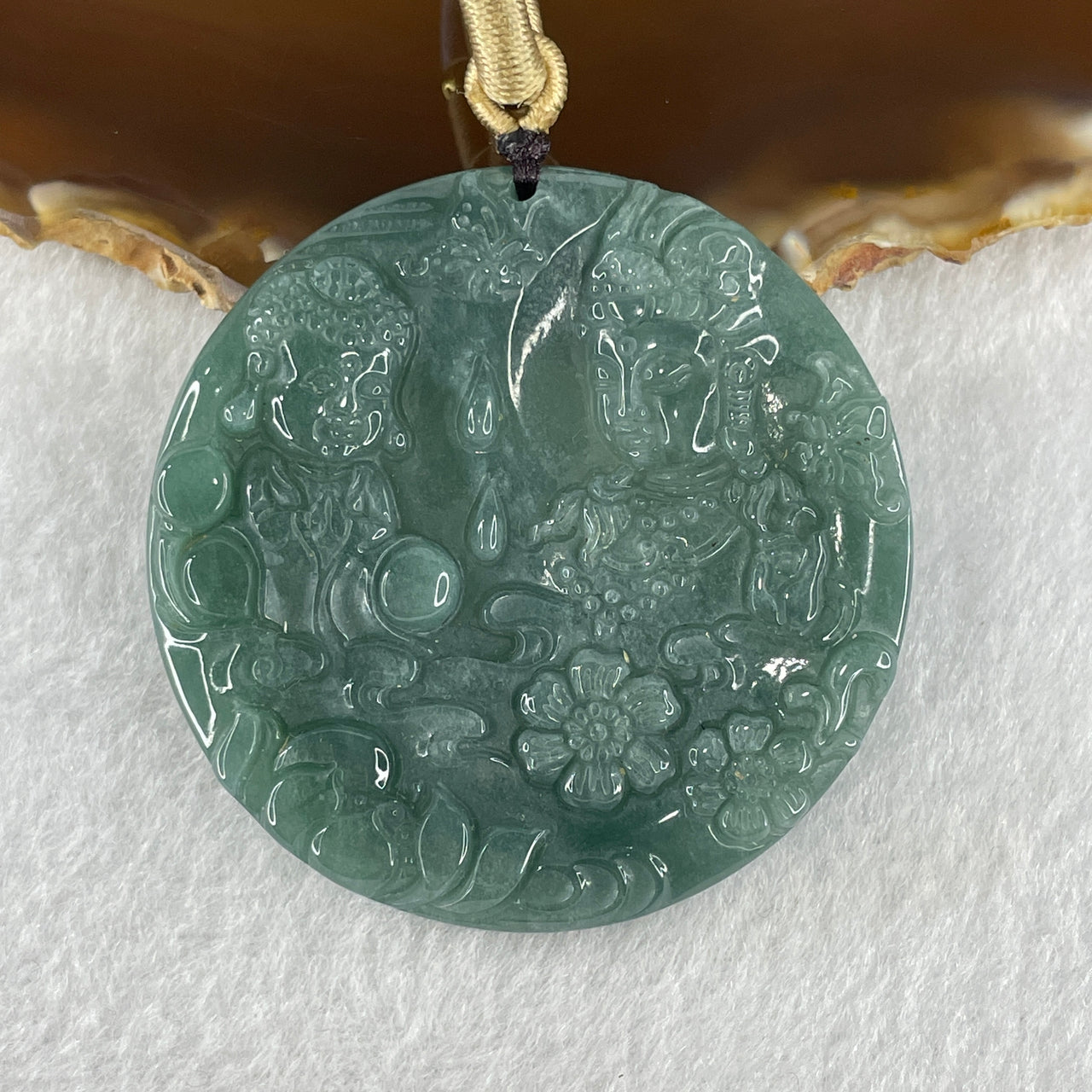 Natural Type A Blueish Green Jadeite Guan Yin with Baby Buddha Pendant 35.27g 49.5 by 5.8mm