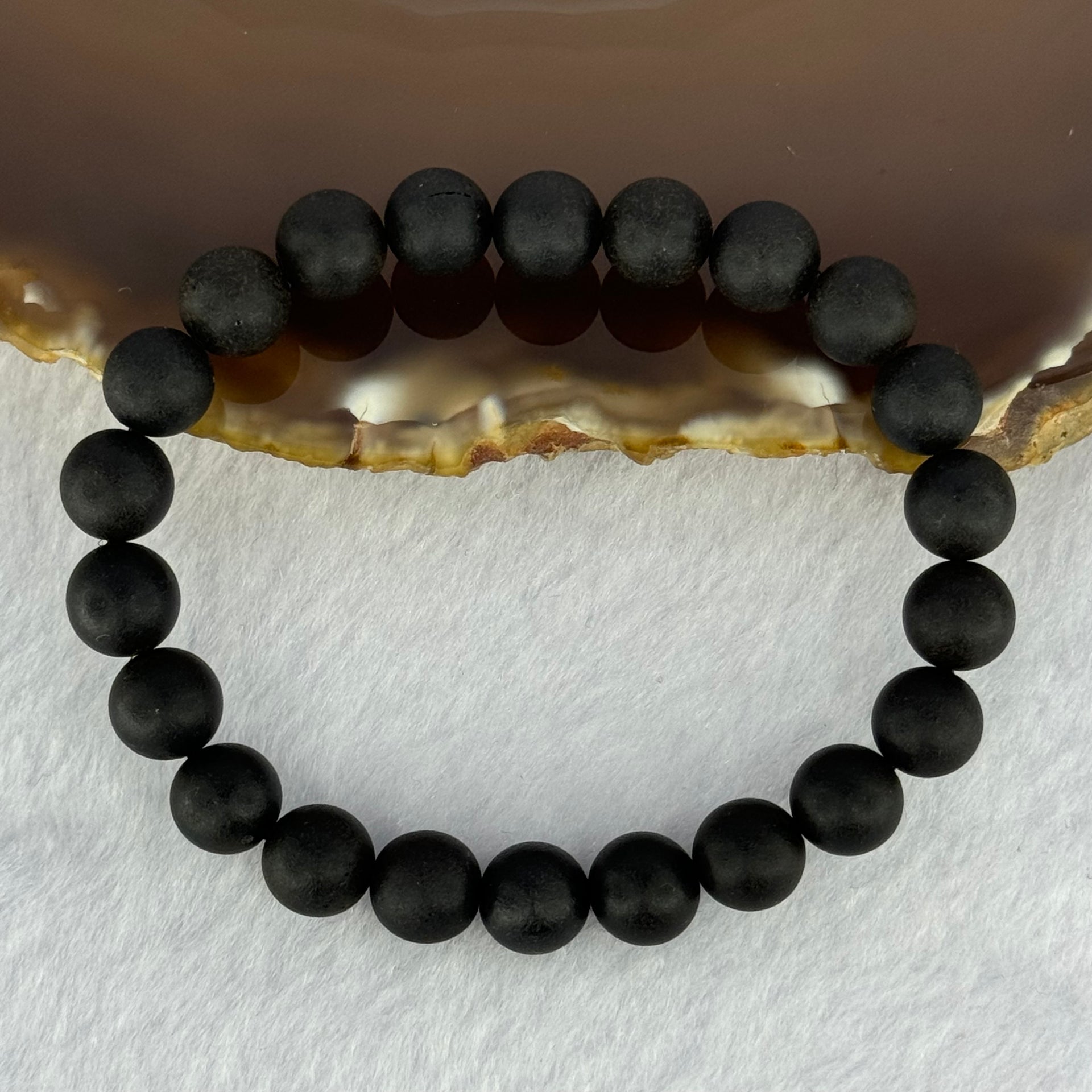 Natural Dark Matt Black Amber Beads Bracelet 天然大黑天翁琥珀手链 6.31g 14.5cm 8.1mm 22 Beads - Huangs Jadeite and Jewelry Pte Ltd