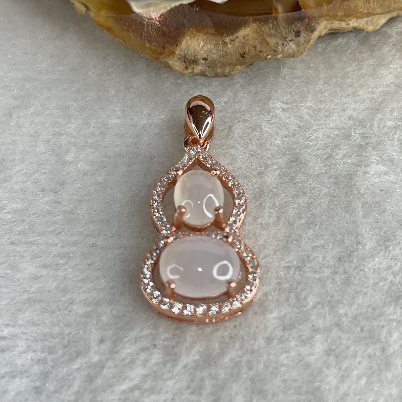 Type A Semi-Icy White Jadeite "Hulu" Bottle Gourd Pendant | Double-Gem Floating Architecture | Rose Gold Color S925 Silver | Elegant "Abundance & Harmony" Imperial Talisman (1.99g 7.5x6.4mm and 6.3x4.7mm)