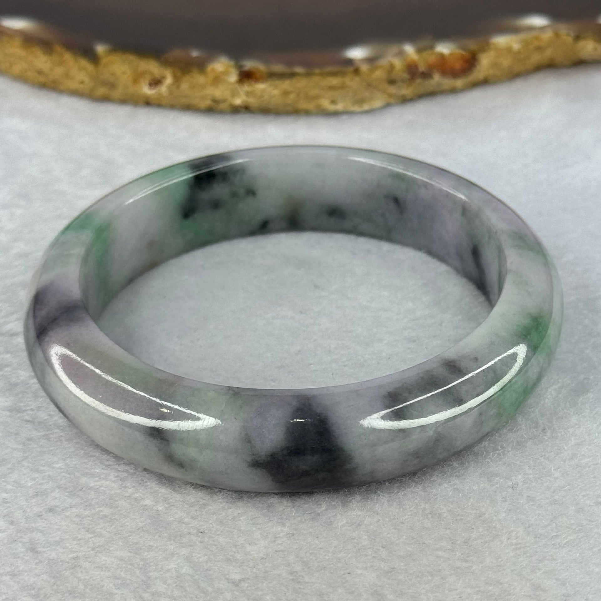 Type A Deep Lavender with Green and Grey Patches Jadeite Bangle 57.0mm 67.76g 14.0 by 9.1mm (Slight Internal Line) - Huangs Jadeite and Jewelry Pte Ltd