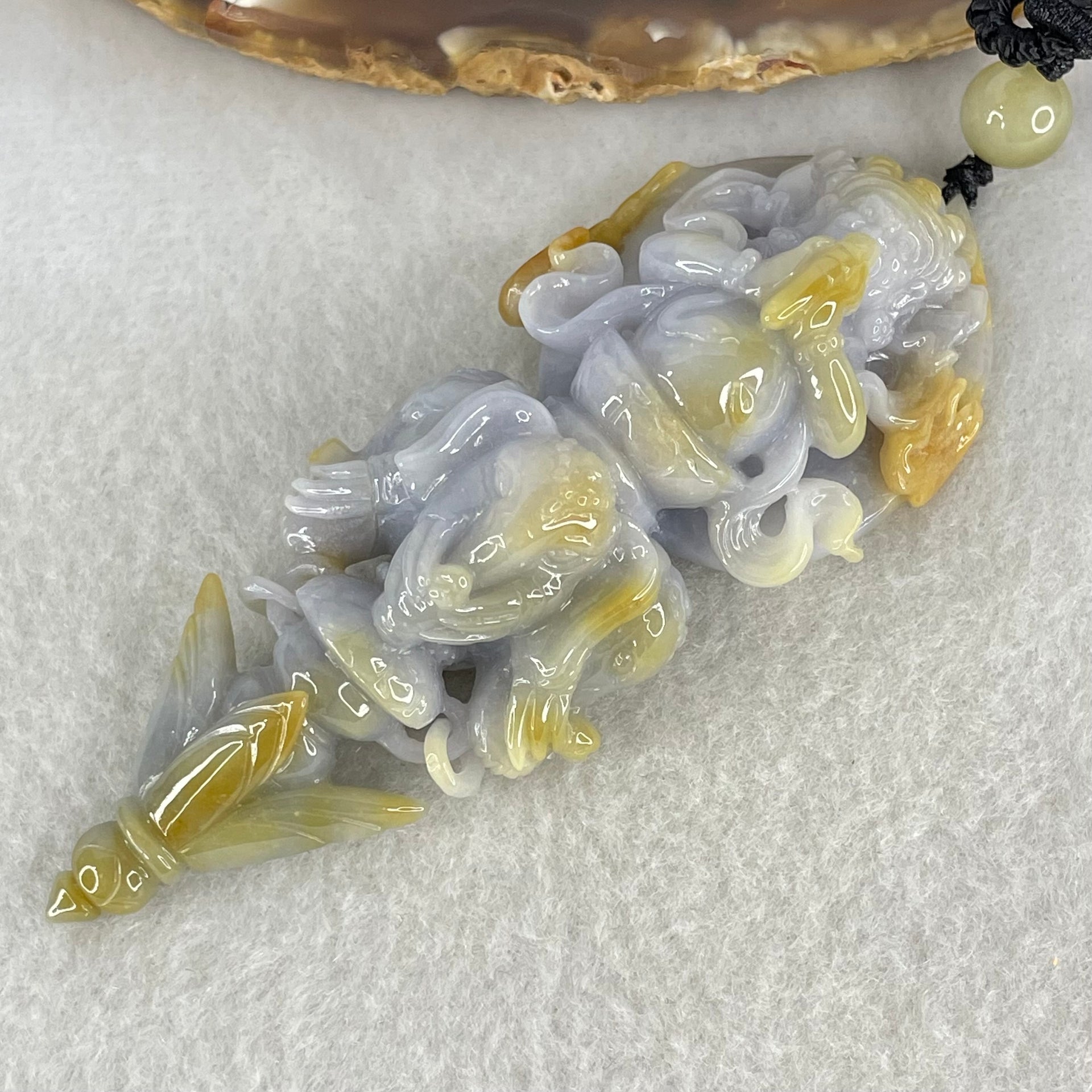 Type A Deep Lavender with Brownish Patches Jadeite Acala on 3 Elephants and Dagger Pendant Necklace 72.27g 89.6 by 34.0 by 20.3mm - Huangs Jadeite and Jewelry Pte Ltd
