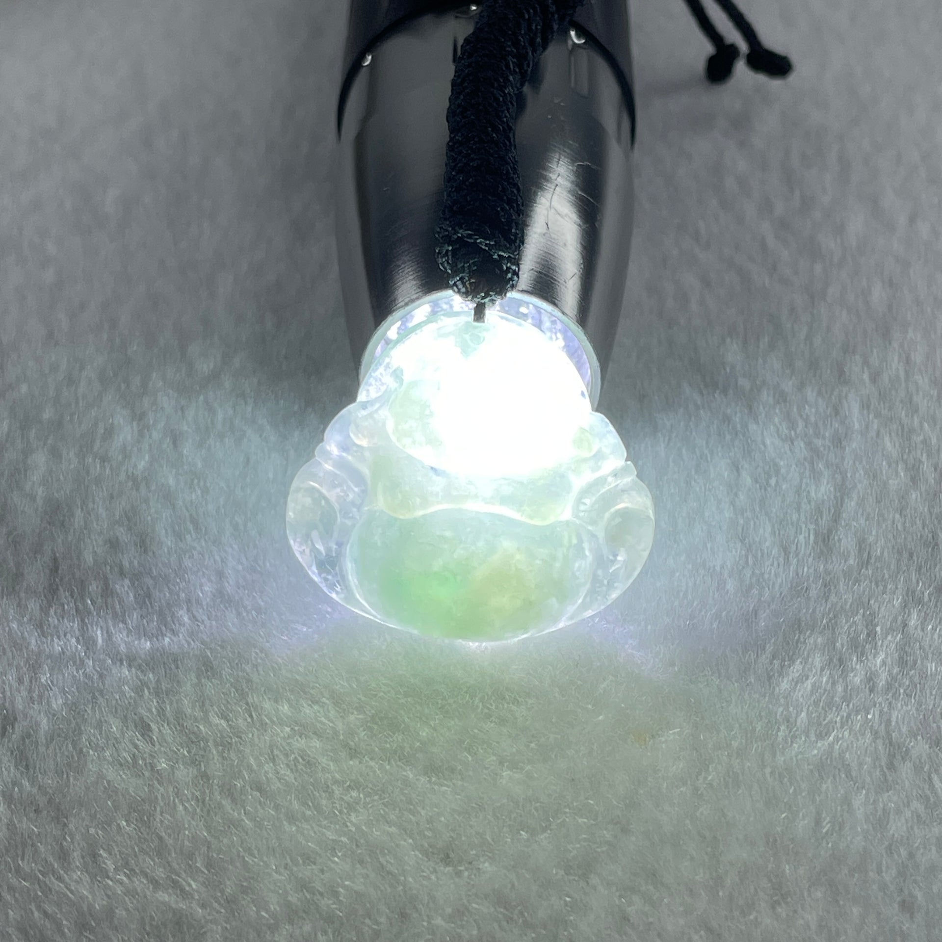 Type A Natural Semi Icy Light Green Jadeite Milo Buddha Pendant 9.03g 25.8 by 28.8 by 6.7mm - Huangs Jadeite and Jewelry Pte Ltd