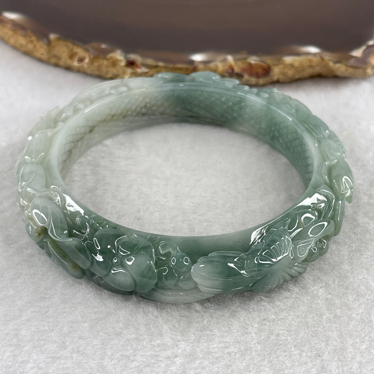 Natural Type A Jadeite Bangle & Pendant Master-Carved Set | 57.9mm Blueish-Green "Flowers & Birds" Imperial Tribute Trio | External Line (141.85g 12.0x12.0mm) Pendant 55.3x13.0mm
