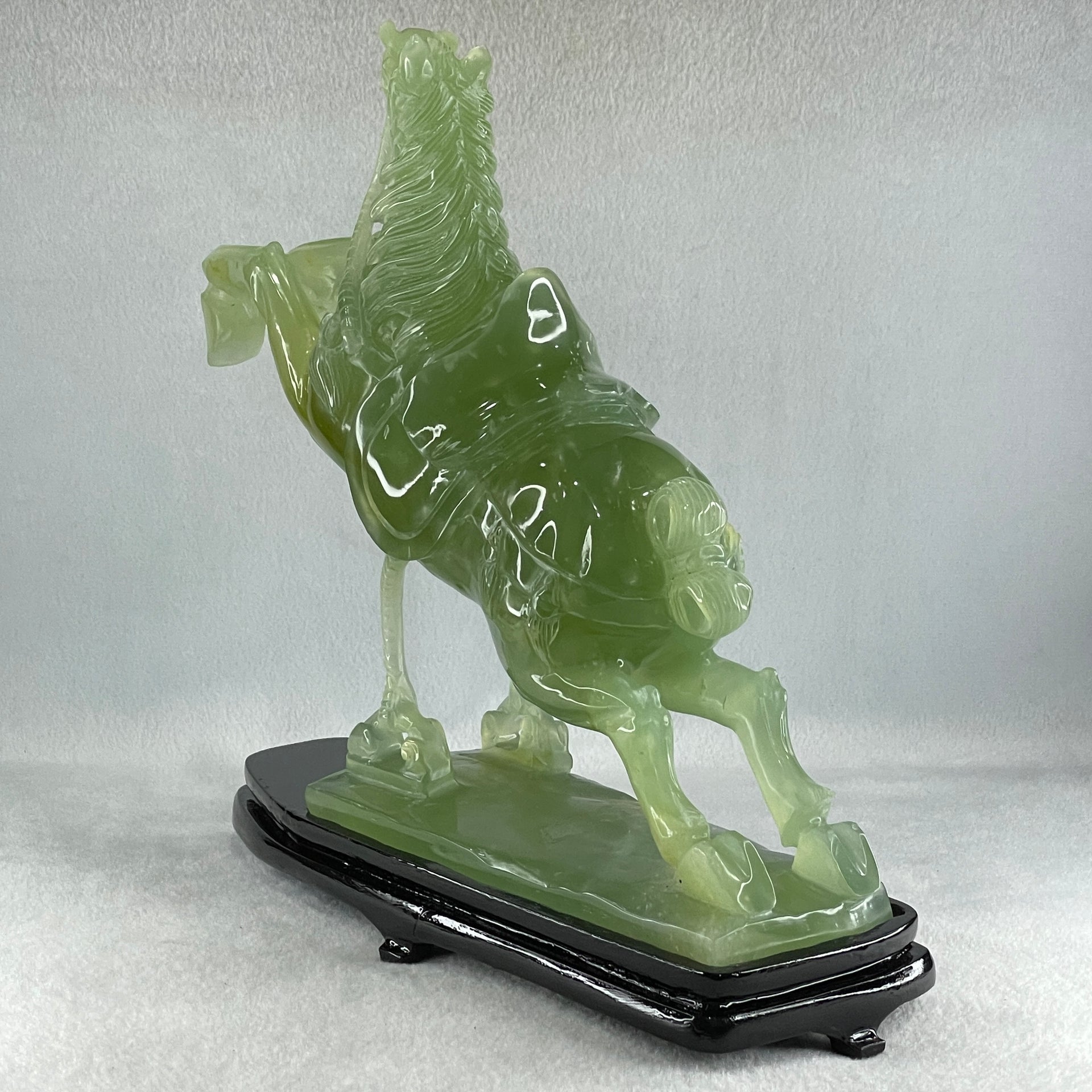 Natural Semi Icy Green Serpentine Victory Horse with Wooden Stand Display 2,644.2g 270.0 by 96.0 by 260.0mm - Huangs Jadeite and Jewelry Pte Ltd
