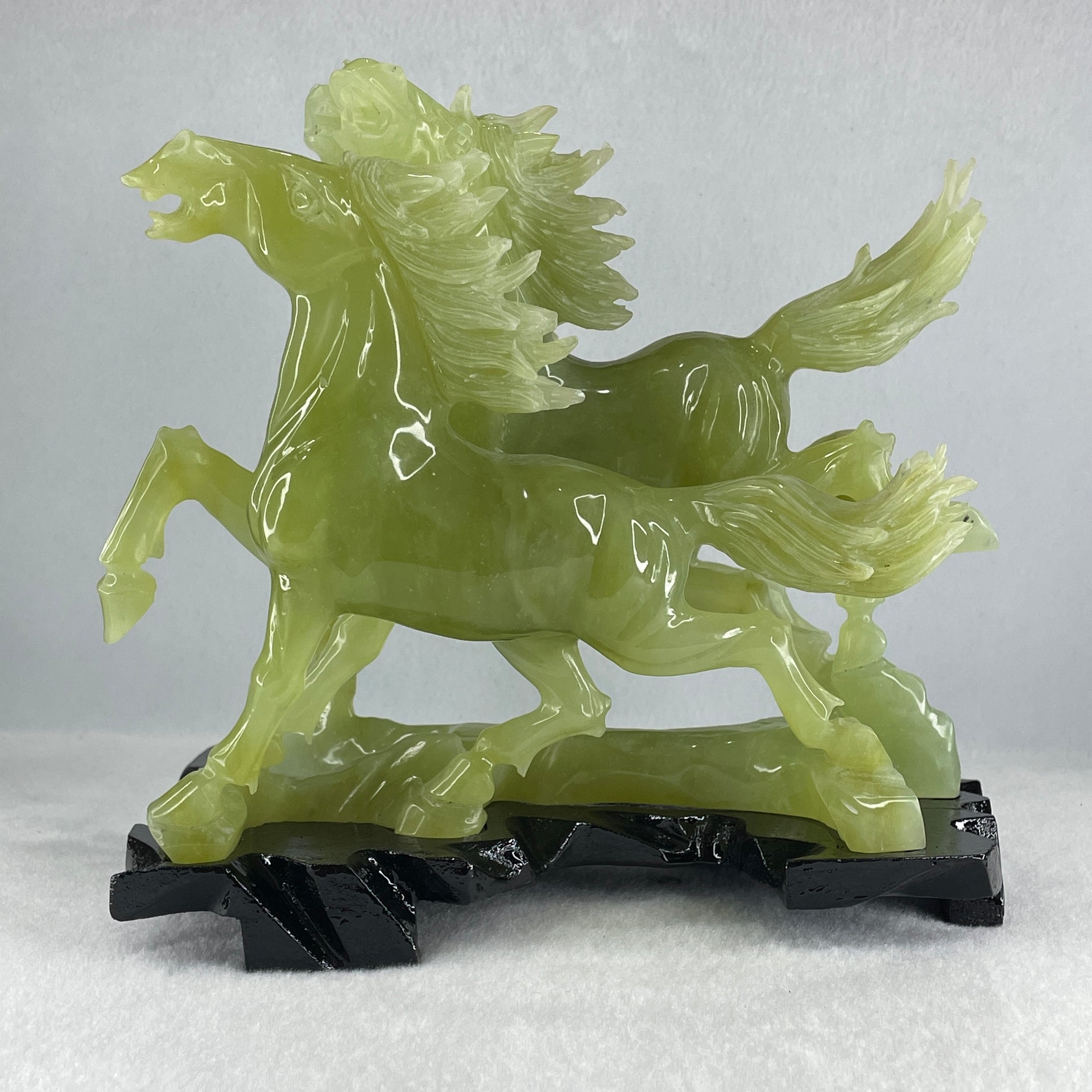 Natural Yellowish Green Serpentine 3 Victory Horse with Wooden Stand Display 1,929.3g 198.0 r we by 166.0 by 200.0mm - Huangs Jadeite and Jewelry Pte Ltd