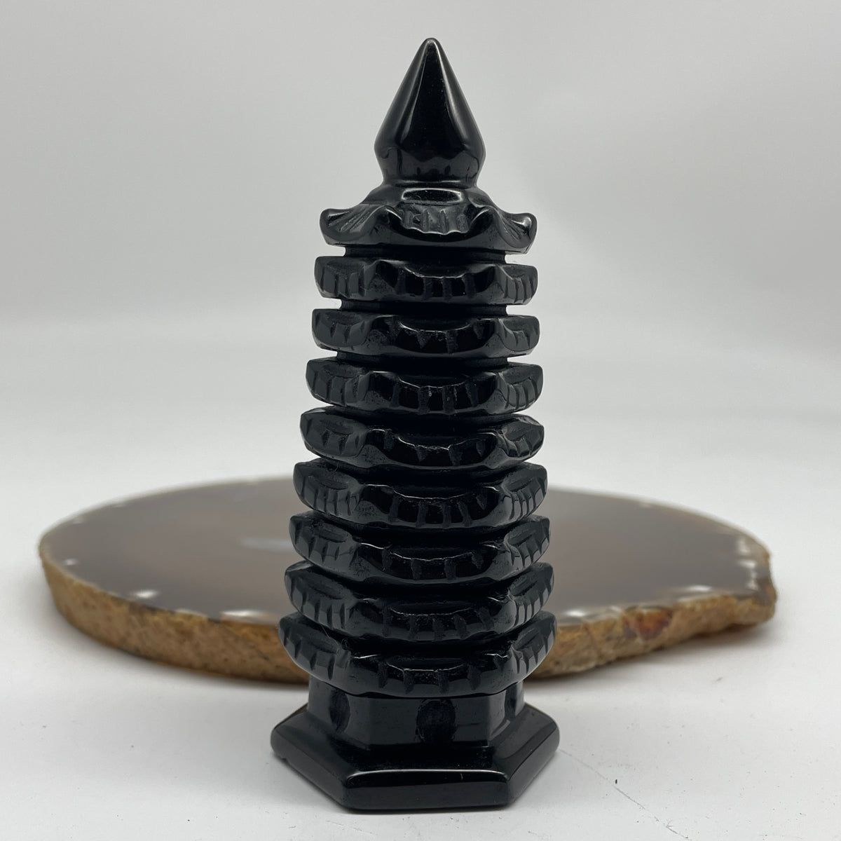Natural Black Obsidian Pagoda Display | (158.55g | 43.3 x 39.2 x 103.3mm | Catalyst, "Wen Chang" Academic Excellence & Career Promotion Anchor, Traditional Spatial Shielding Specimen)