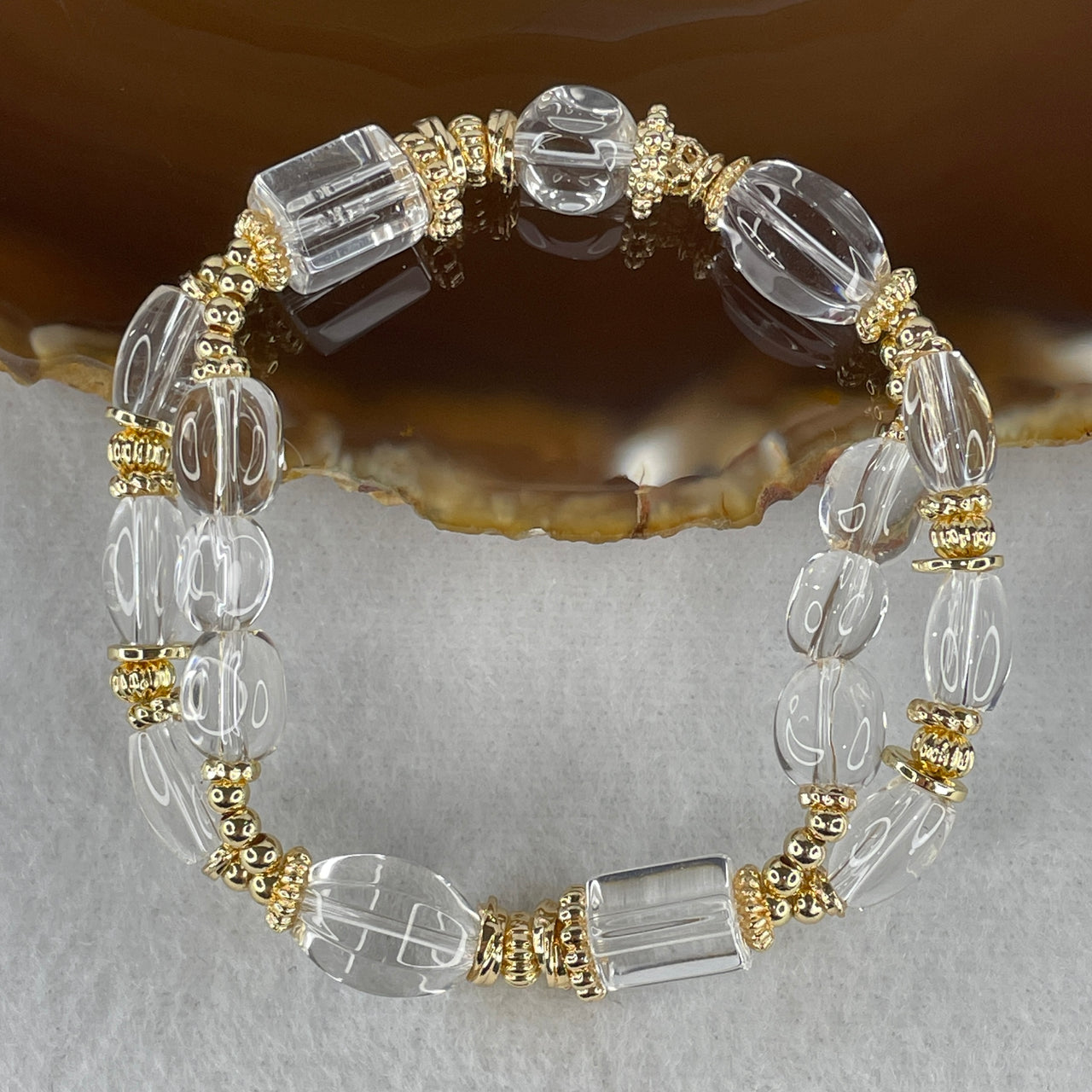 Natural Clear Quartz Pebble & Lulutong Charm Bracelet | 100% Untreated Master Healer Bracelet (20.01g | Lulutong Barrels & Pebble Beads | 10.2 by 7.9mm 2 Pcs - 5.0 by 8.1mm 15 Pcs | 14cm)