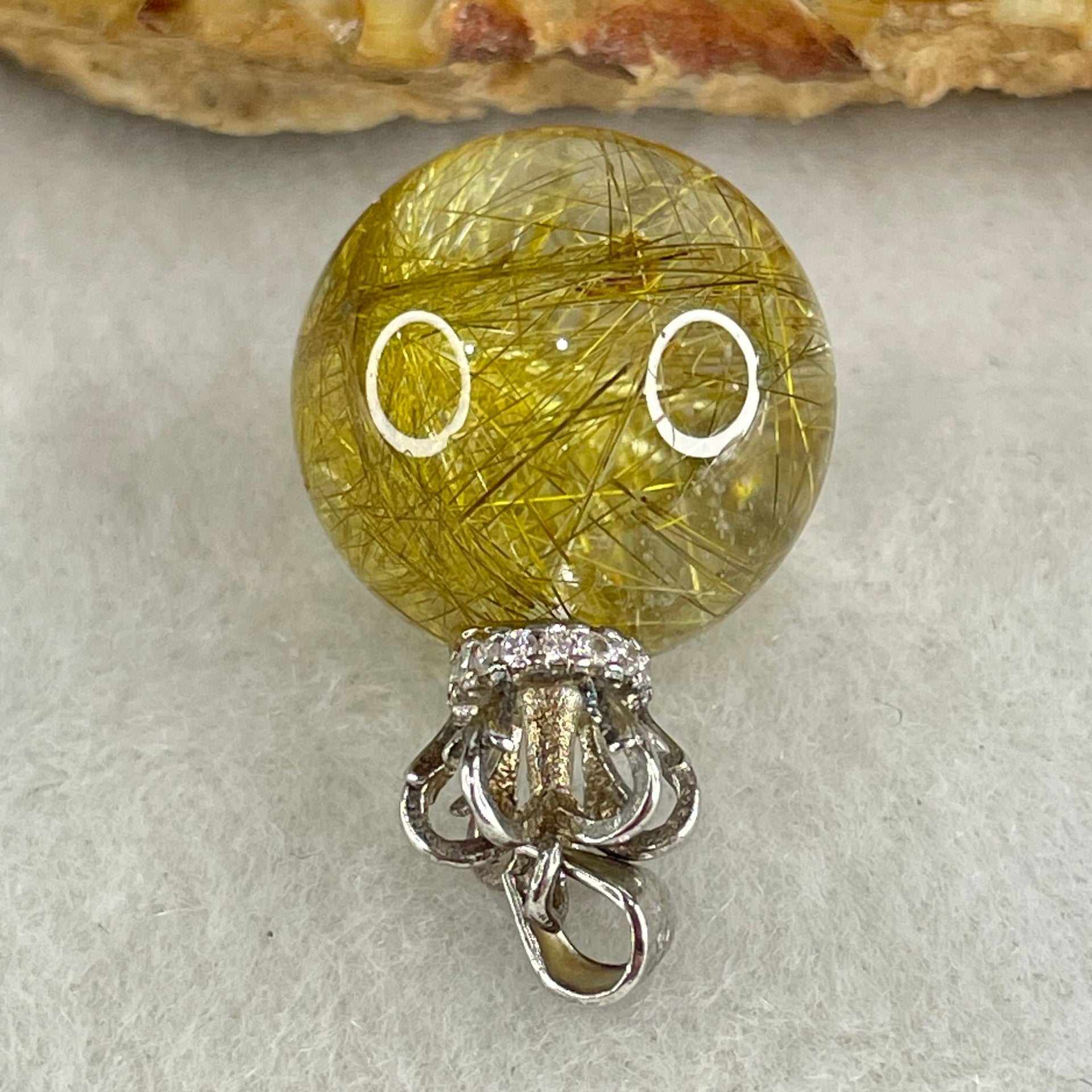Good Grade Natural Golden Rutilated Quartz Bead in S925 Silver with Cubic Zirconia Pendant 6.45g 16.0mm - Huangs Jadeite and Jewelry Pte Ltd