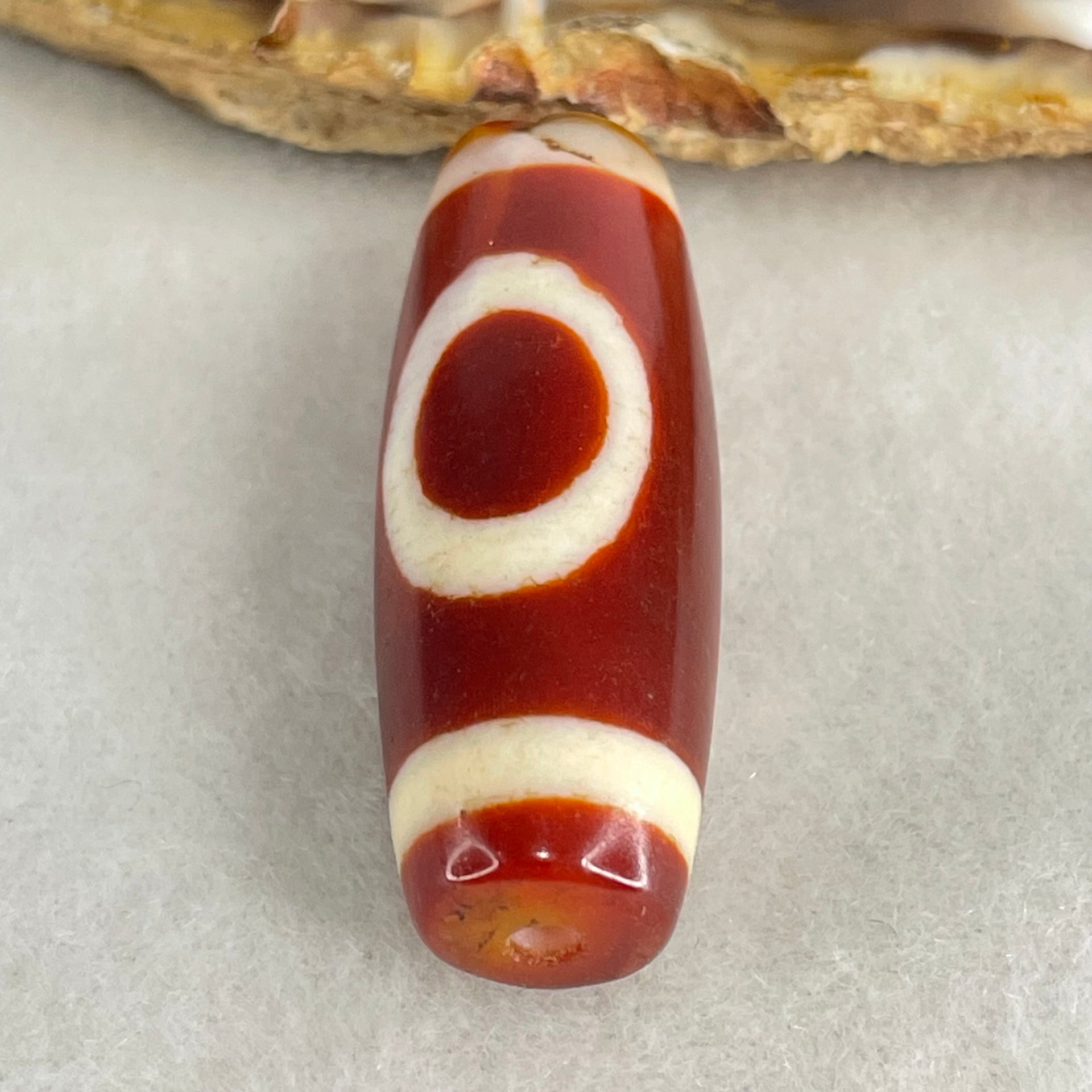 Natural Powerful Tibetan Old Oily Red White Agate One Eye Wood Element Dzi Bead Heavenly Master (Tian Zhu) 一眼木元素天珠 10.52g 38.1 by 13.3mm - Huangs Jadeite and Jewelry Pte Ltd