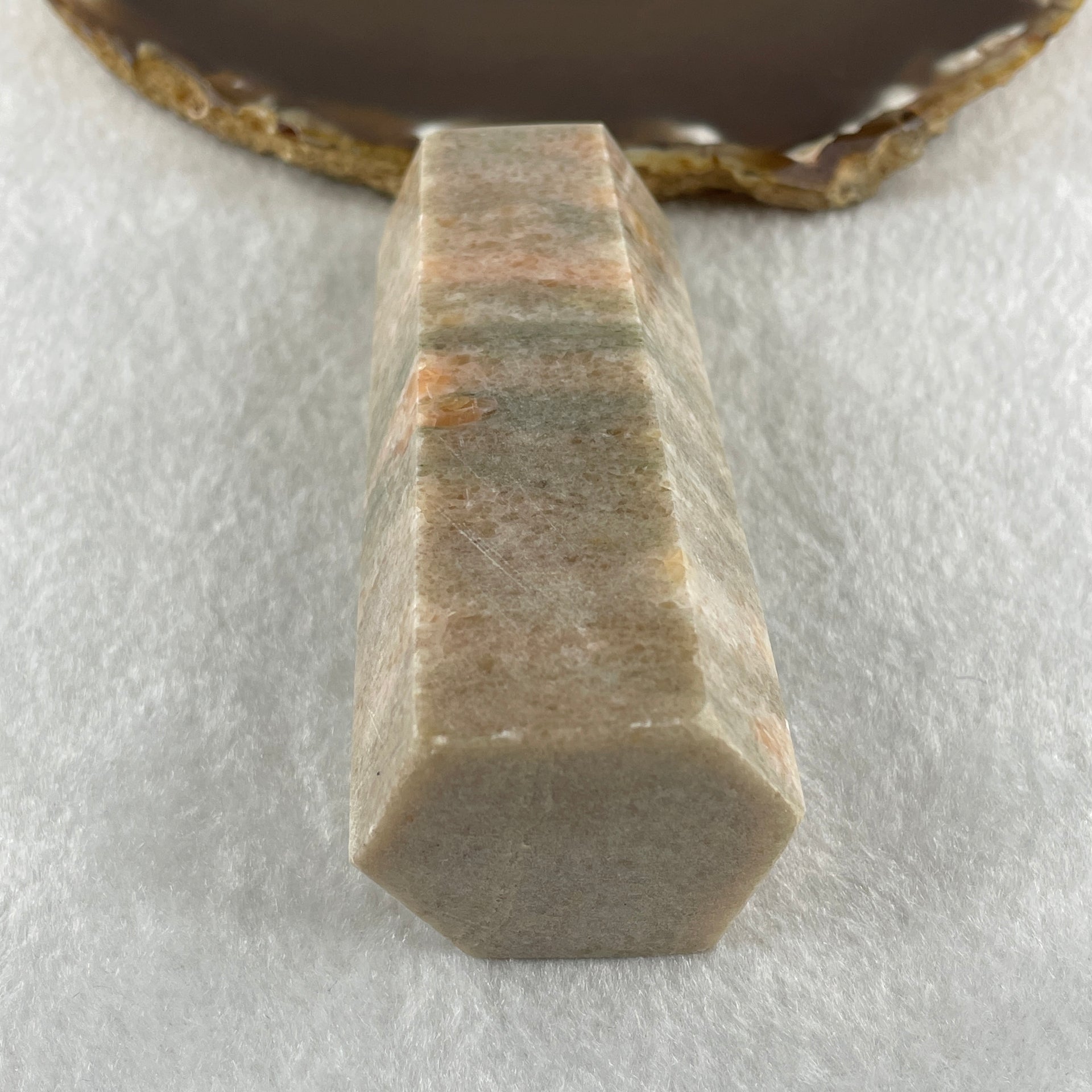 Natural Pink Orange Calcite Tower Display 213.53g 40.0 by 34.1 by 101.9mm - Huangs Jadeite and Jewelry Pte Ltd