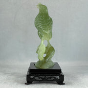 Natural Green Serpentine Javan Mynah Birds on Tree with Wooden Stand Display 418.9g 120.0 by 176.0 by 75.0mm - Huangs Jadeite and Jewelry Pte Ltd
