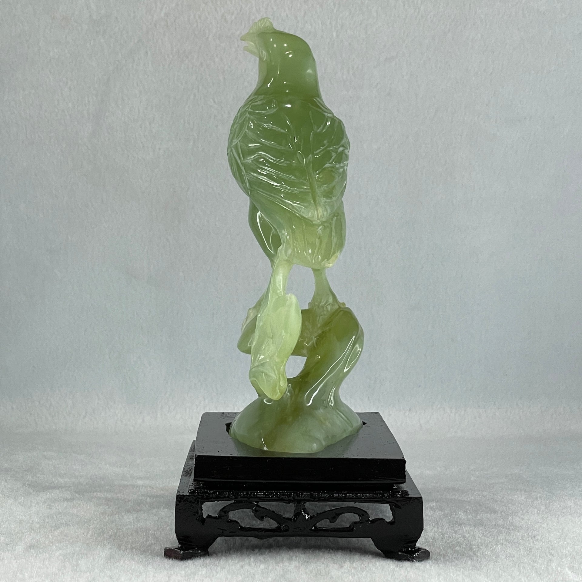 Natural Green Serpentine Javan Mynah Birds on Tree with Wooden Stand Display 418.9g 120.0 by 176.0 by 75.0mm - Huangs Jadeite and Jewelry Pte Ltd