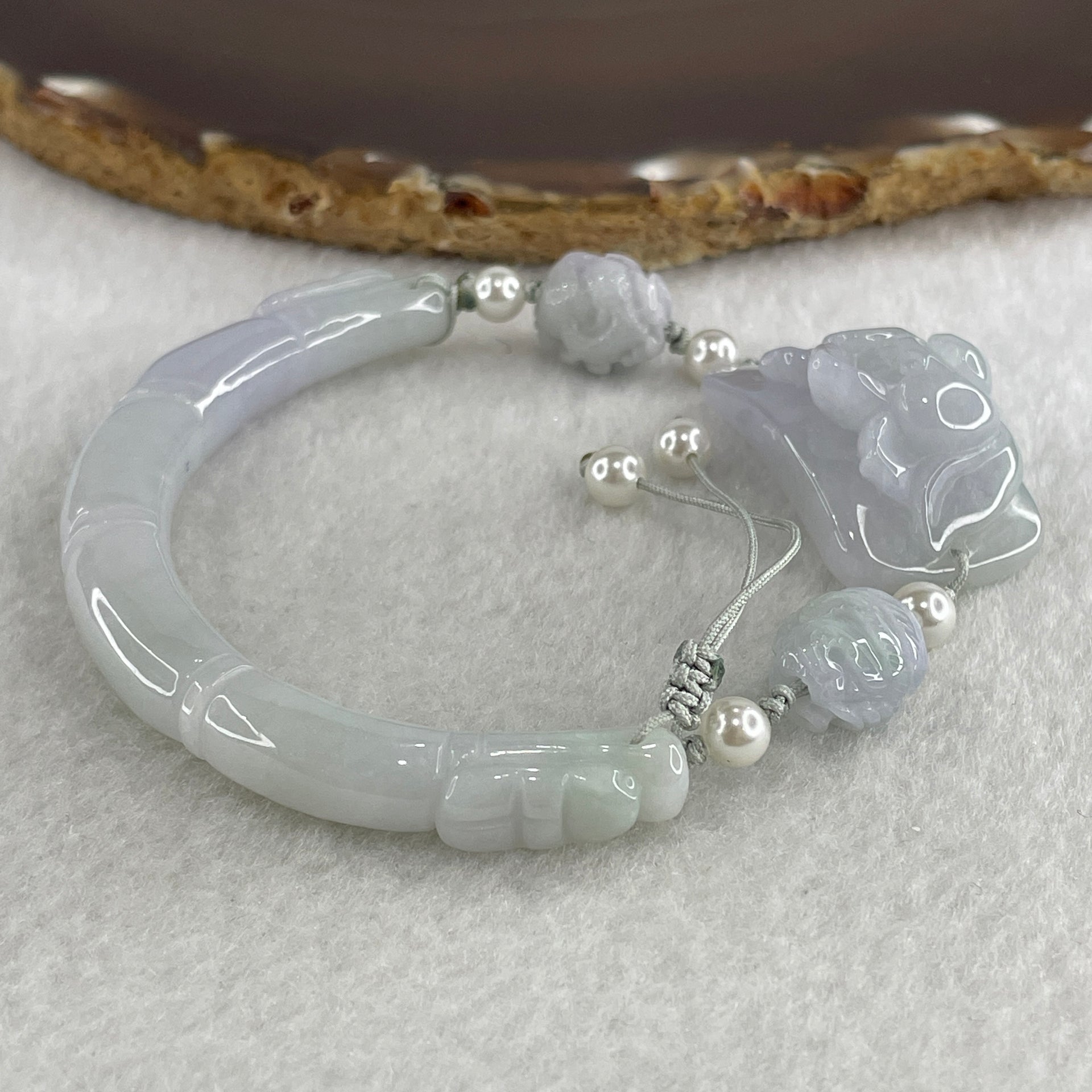 Natural Type A Lavender with Faint Green Jadeite Bamboo with Lotus Flower and Dragon Bracelet 34.11g 17cm 7.9 by 8.6mm - Bamboo 33.2 by 19.1 by 11.8mm - Huangs Jadeite and Jewelry Pte Ltd