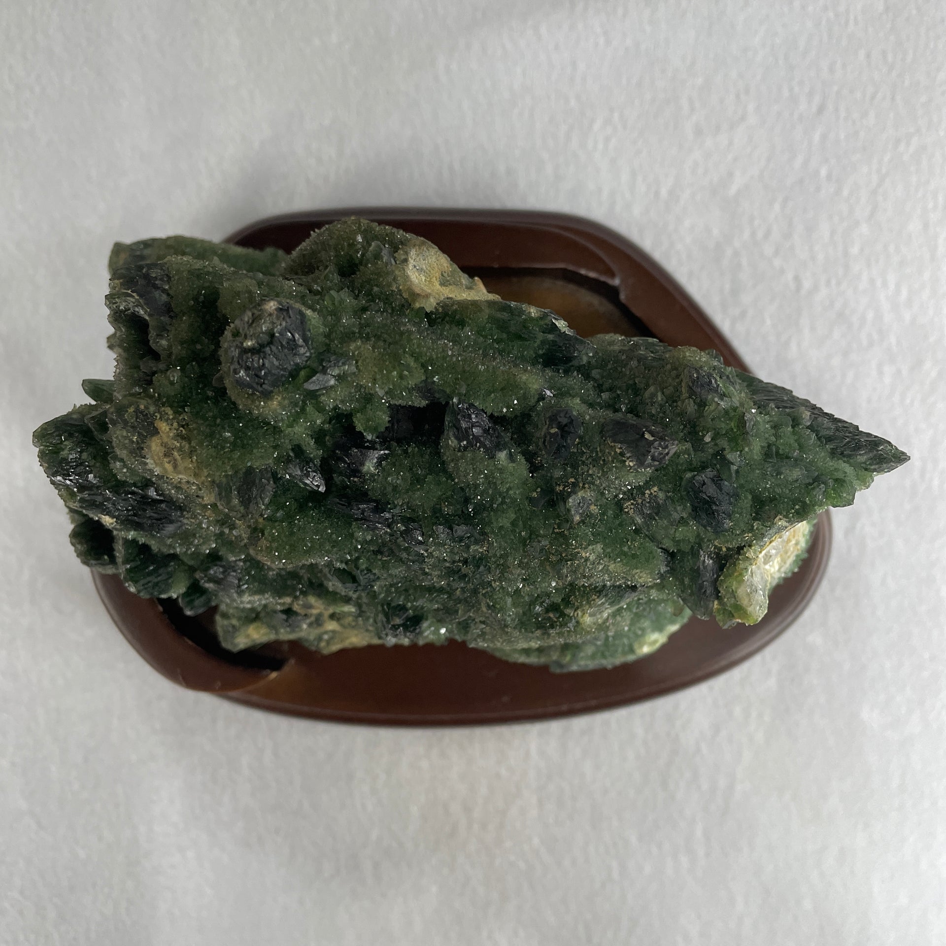 Natural Green Chromium Quartz Rough with Wooden Stand Display 1,391.0g 175.0 by 125.0 by 132.0mm - Huangs Jadeite and Jewelry Pte Ltd