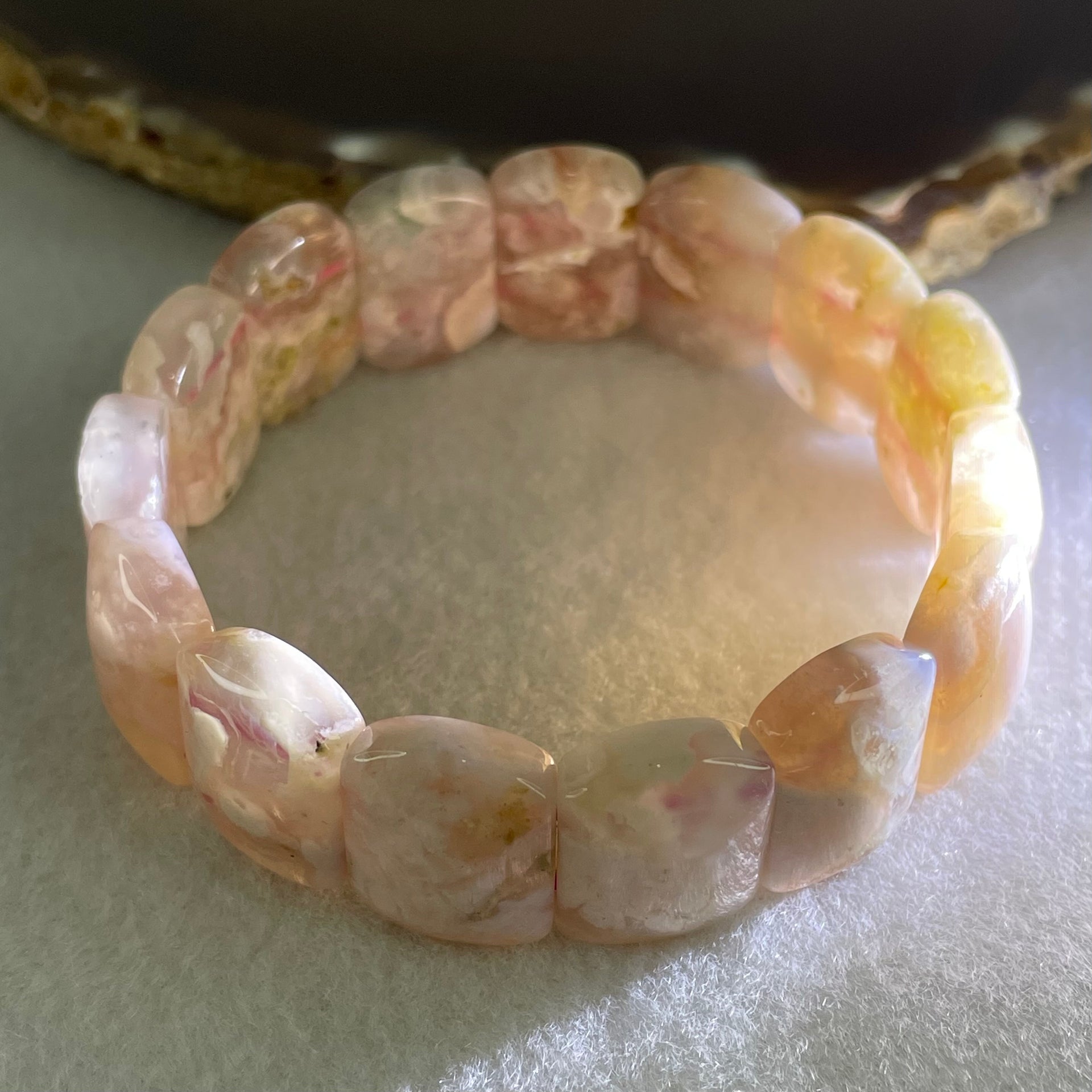 Above Average Natural Pink Flower Agate Shou Pai Bracelet 39.89g 17cm 17.9 by 13.0mm 15 Pieces (Slight External Rough) - Huangs Jadeite and Jewelry Pte Ltd