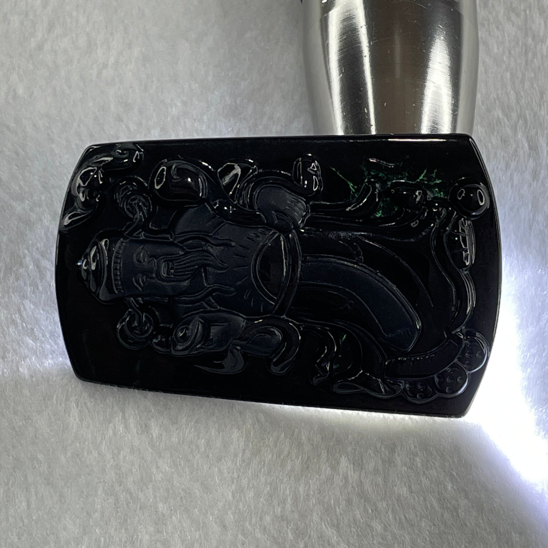 Type A Opaque to Partial Translucent Black Omphacite Jadeite Cai Shen Ye God of Fortune Pendant 26.80g 62.8 by 40.0 by 7.5mm - Huangs Jadeite and Jewelry Pte Ltd