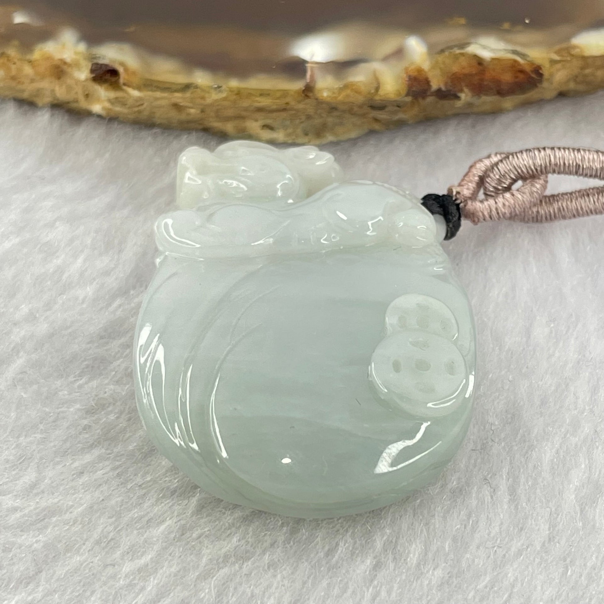 Type A Faint Lavender Green Jadeite Pixiu on Money Bag and Coins Pendent 22.16g 38.1 by 27.4 by 10.3mm - Huangs Jadeite and Jewelry Pte Ltd