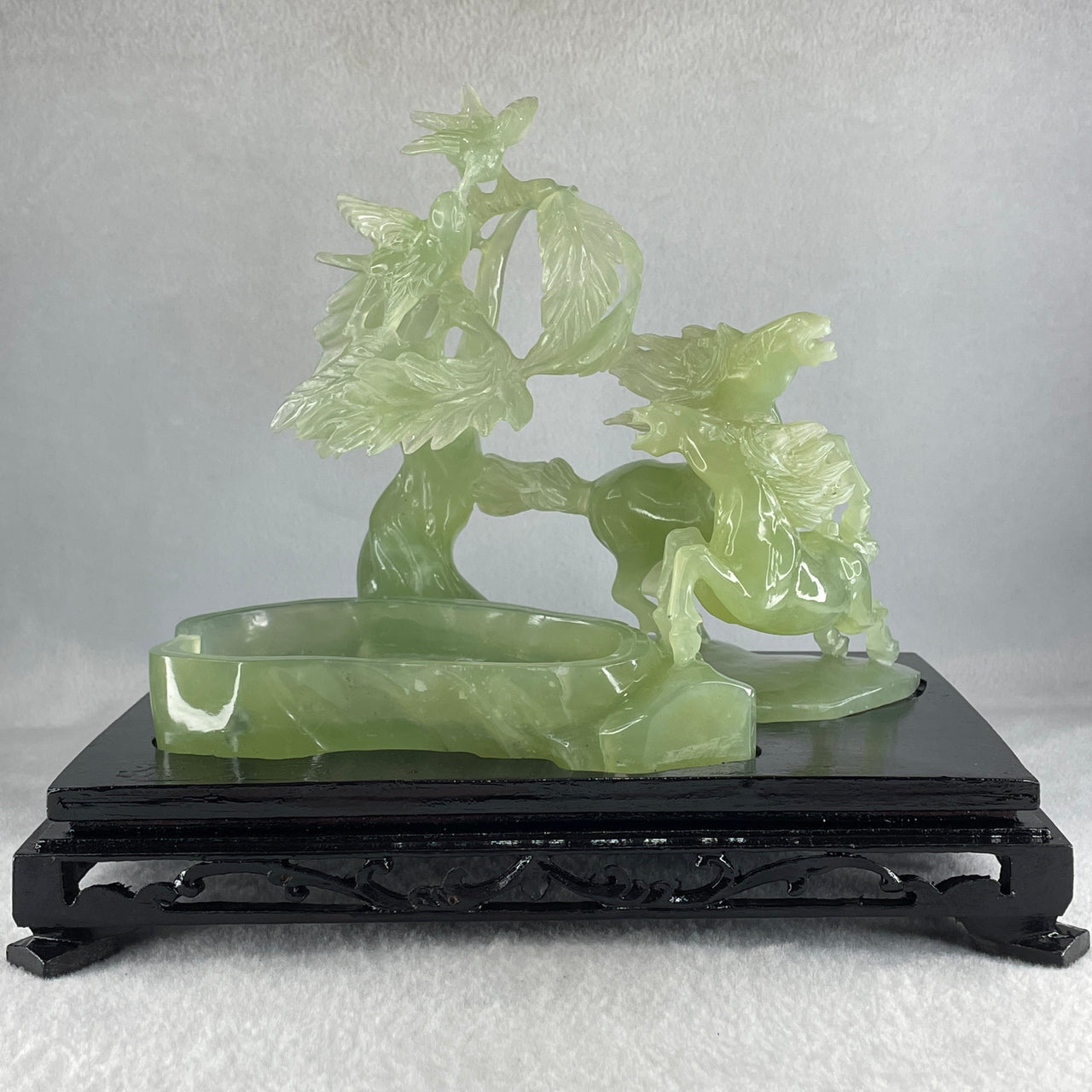 Natural Green Serpentine Double Victory Horses with Twin Birds on Treen and Pond with Wooden Stand Display 1,275.3g 240.0 by 210.0 by 160.0mm - Huangs Jadeite and Jewelry Pte Ltd