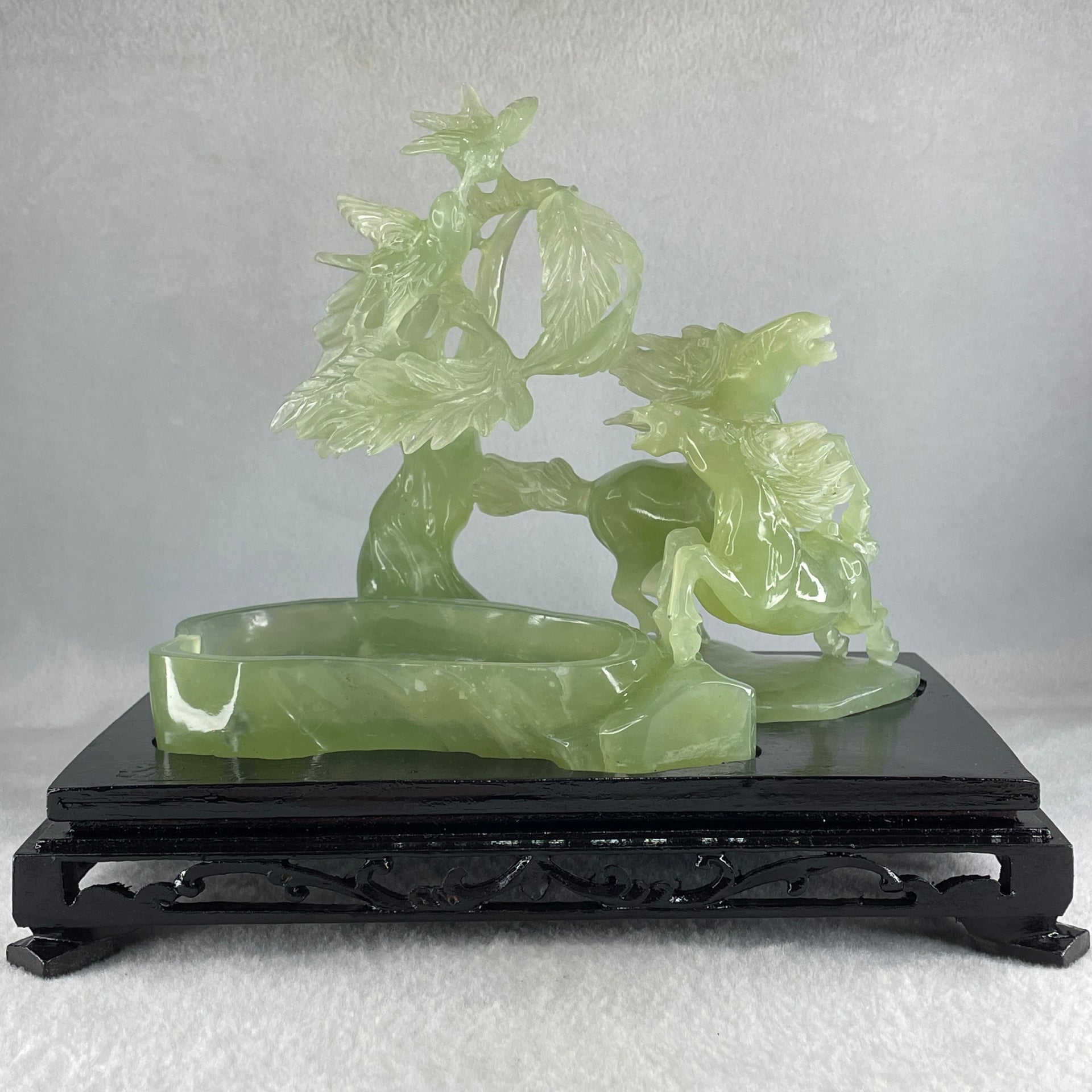 Natural Green Serpentine Double Victory Horses with Twin Birds on Treen and Pond with Wooden Stand Display 1,275.3g 240.0 by 210.0 by 160.0mm - Huangs Jadeite and Jewelry Pte Ltd