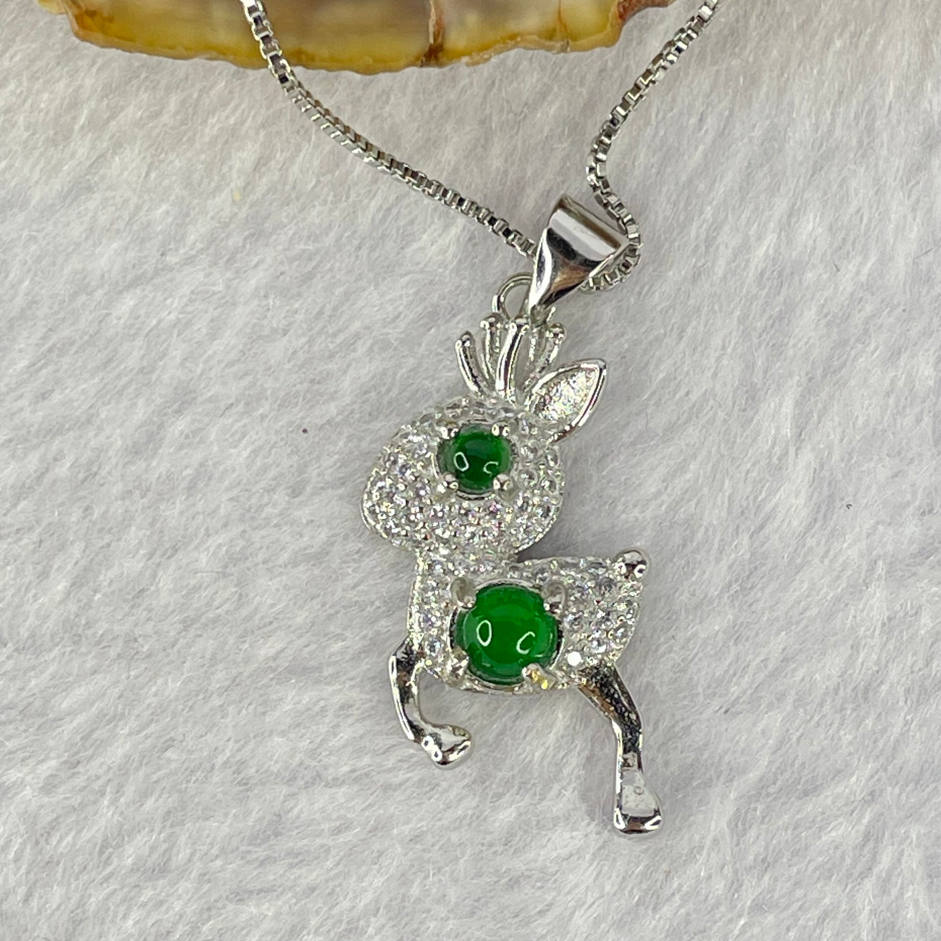 Type A Icy Green Omphasite Jadeite Cabochons in Sliver Deer Pendent Necklace 4.22g Middle Jadeite 4.3 by 1.5mm - Huangs Jadeite and Jewelry Pte Ltd