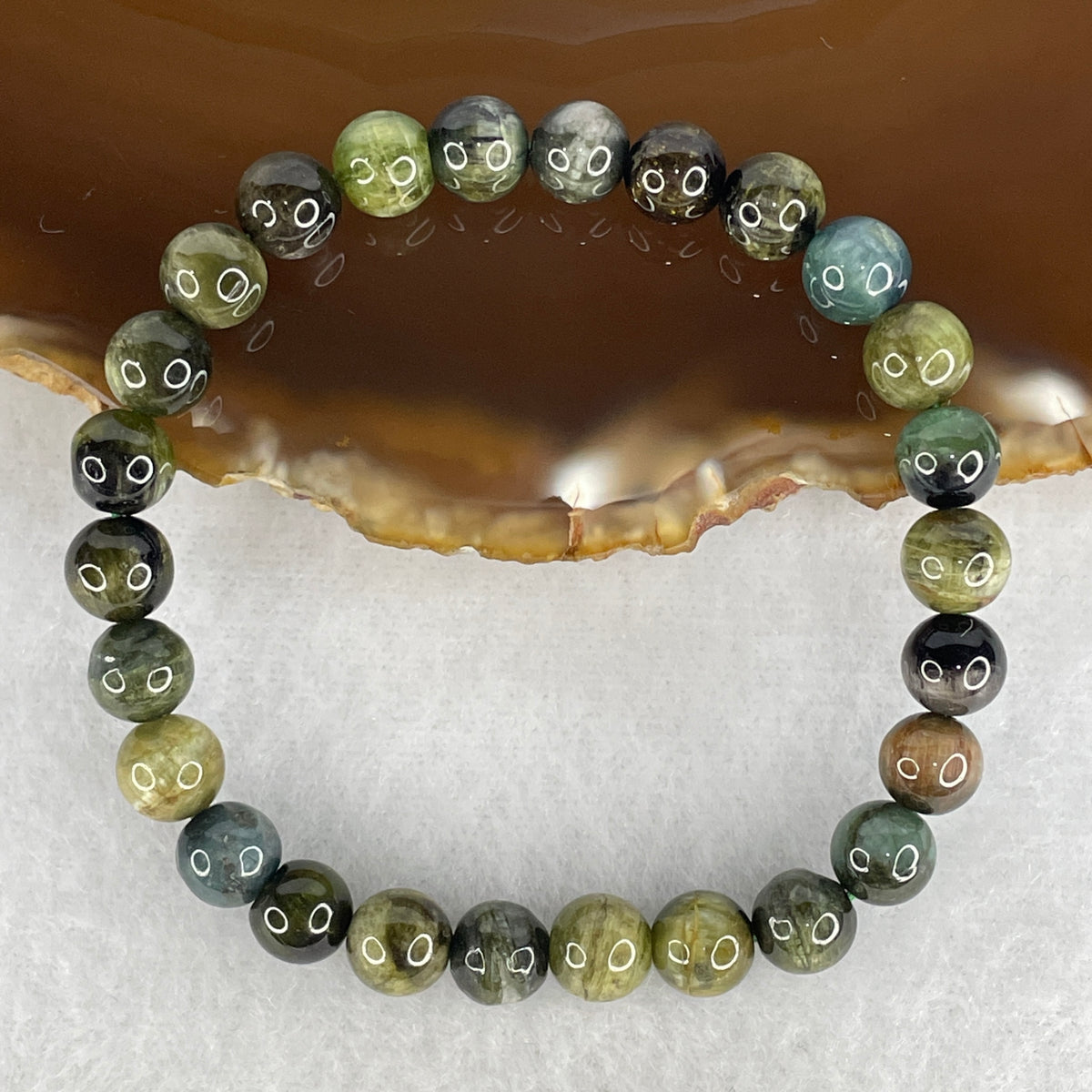 Certified Above Average Natural Cat's Eye Green Tourmaline Beads Bracelet | 7.2mm Chatoyant Prosperity Amulet (14.793g | 15.5cm | 26 Beads)