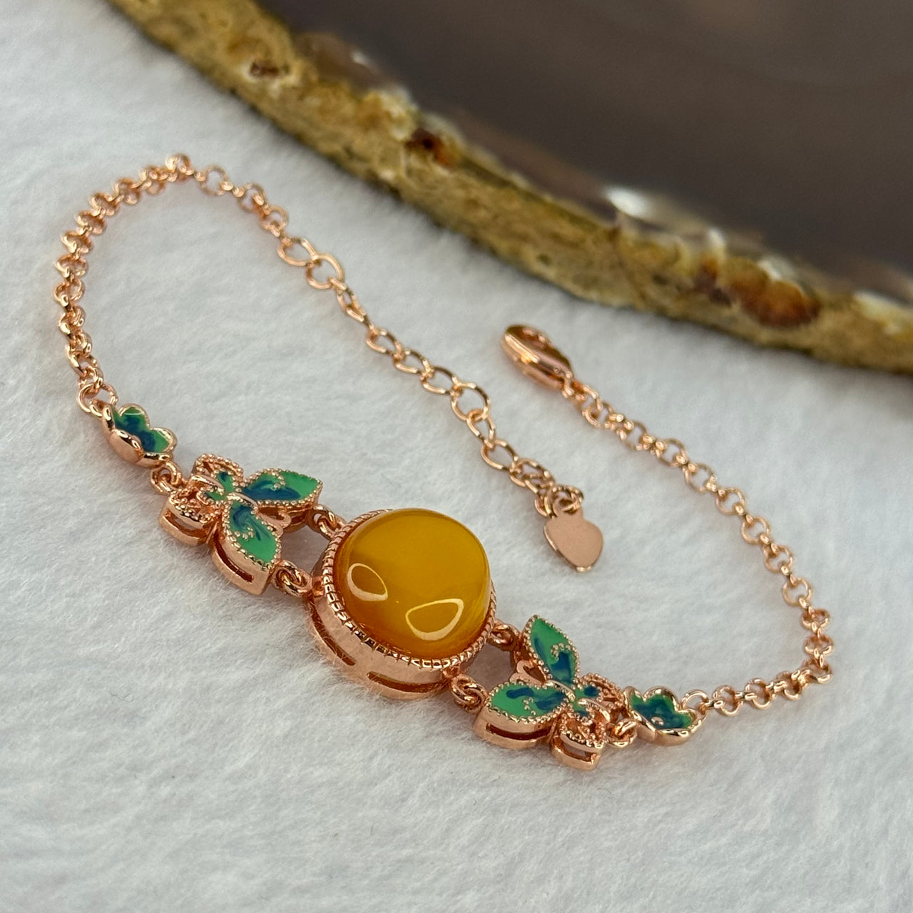 Natural Butterscotch Amber Beads Silver Rose Gold Color Butterfly Bracelet 6.04g 15.7 by 11.8 by 4.5mm - Huangs Jadeite and Jewelry Pte Ltd