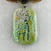 Natural Type A Blueish Green with Yellow Jadeite Buddha and Flowers with People Seeking for Enlightenment Pendant 87.75g 72.8 by 45.7 by 11.8mm - Huangs Jadeite and Jewelry Pte Ltd